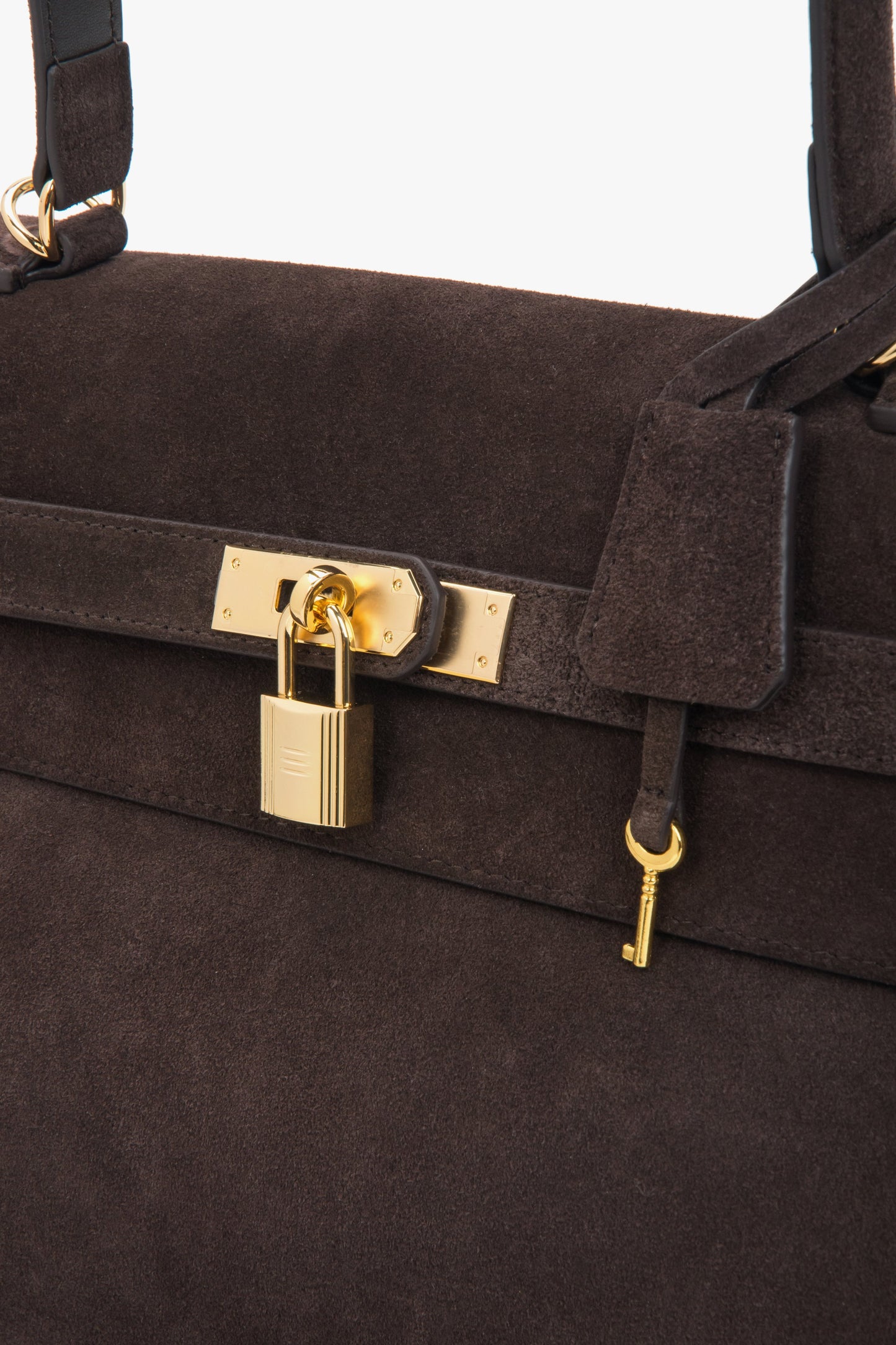 Torba damska na ramię, ciemnobrązowa, z weluru naturalnego, ze złotymi okuciami, Estro.