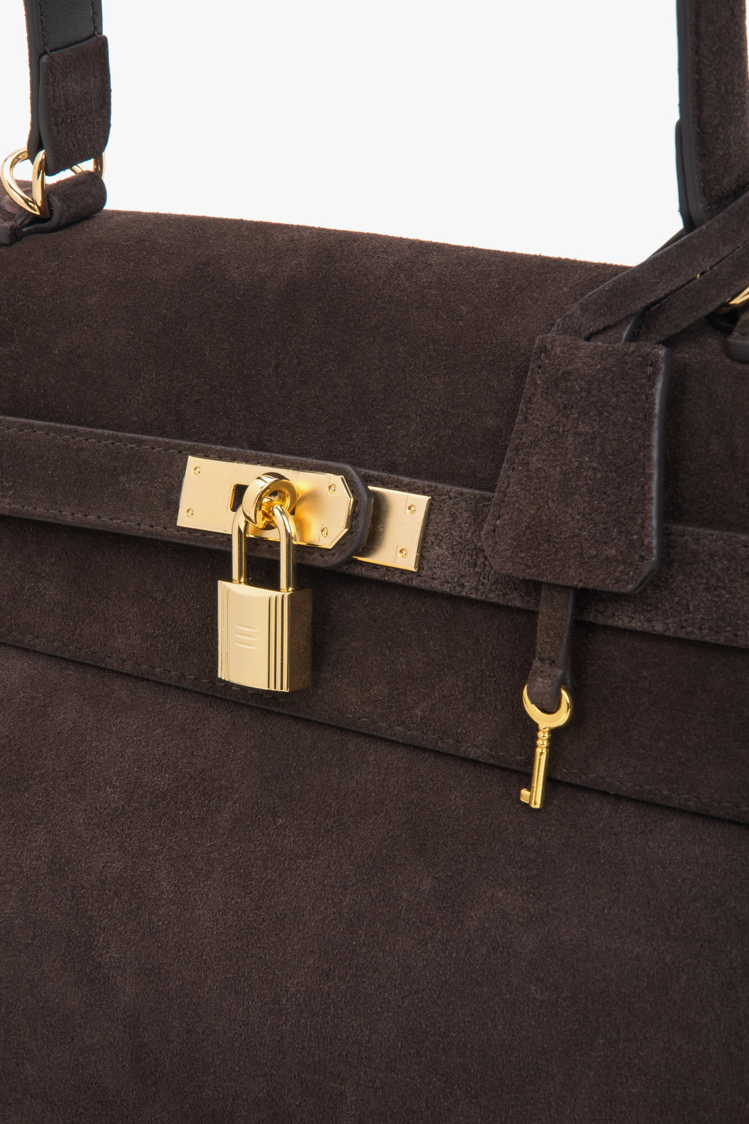 Torba damska na ramię, ciemnobrązowa, z weluru naturalnego, ze złotymi okuciami, Estro.