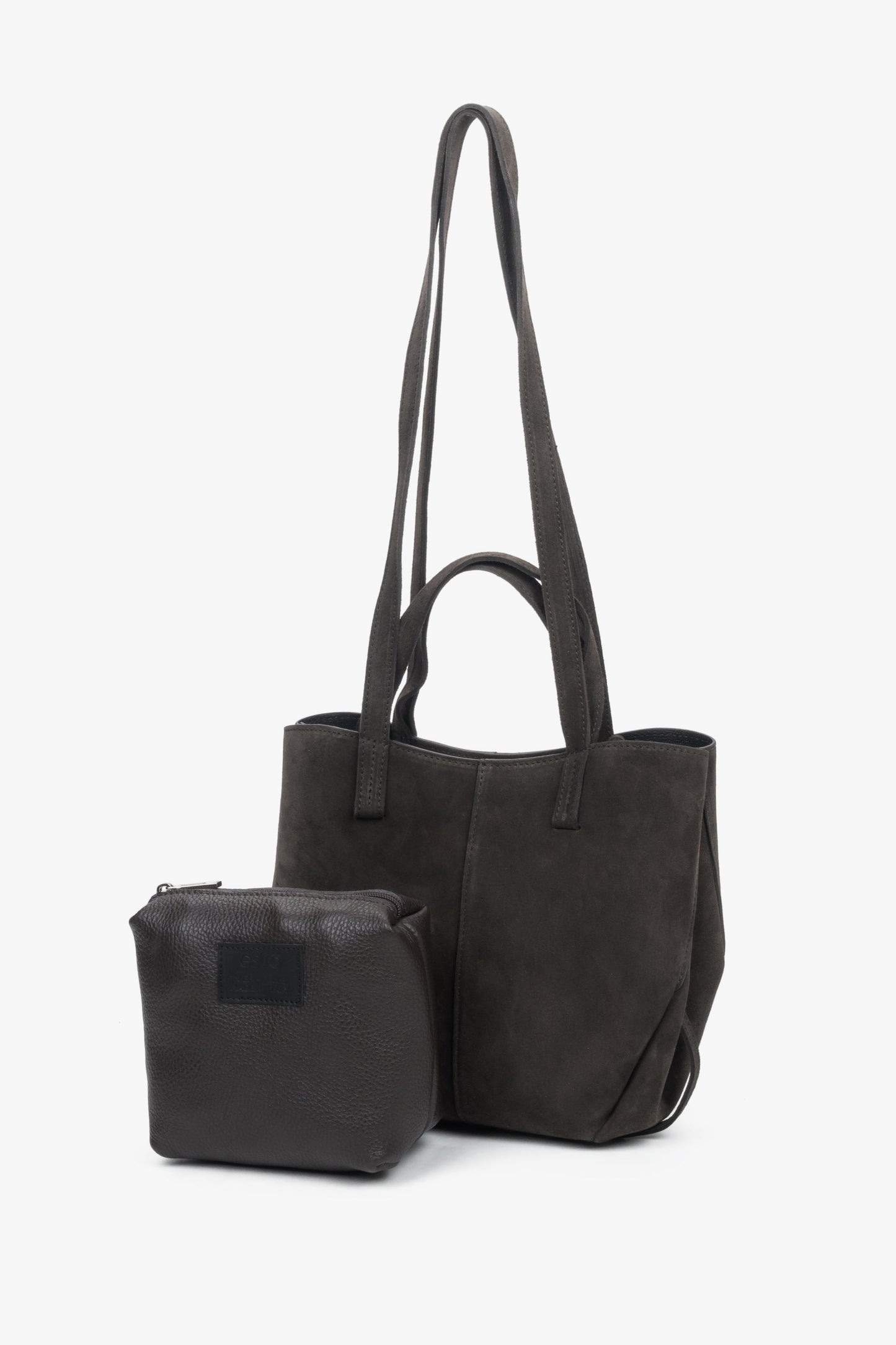 Torebka damska z długimi rączkami, ciemnobrązowa, z włoskiego weluru naturalnego Premium, Estro.