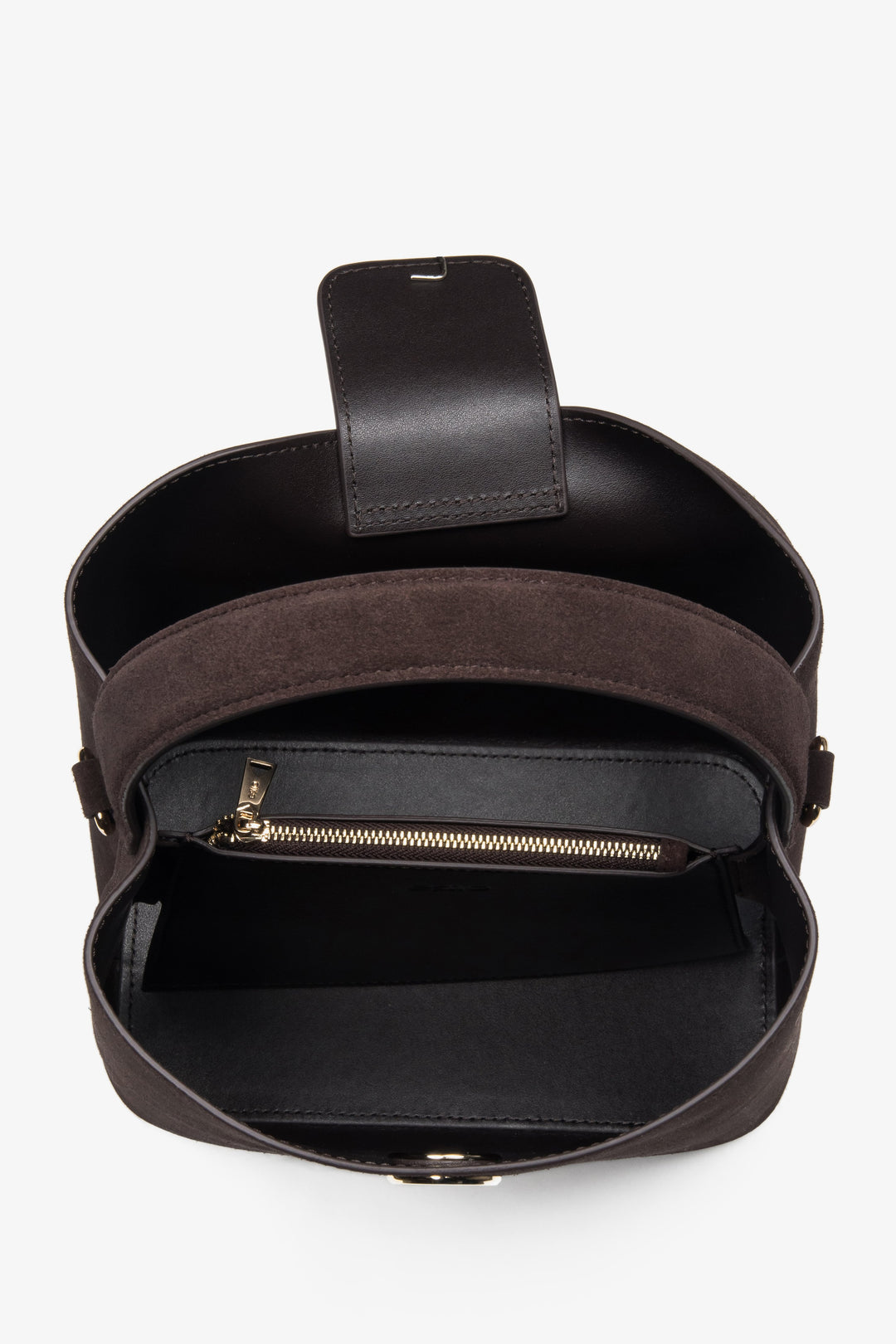 Torebka damska do ręki, ciemnobrązowa, z weluru naturalnego, Estro.