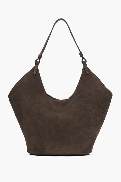Ciemnobrązowa torebka damska typu hobo z włoskiego weluru naturalnego Premium Estro ER00118144.