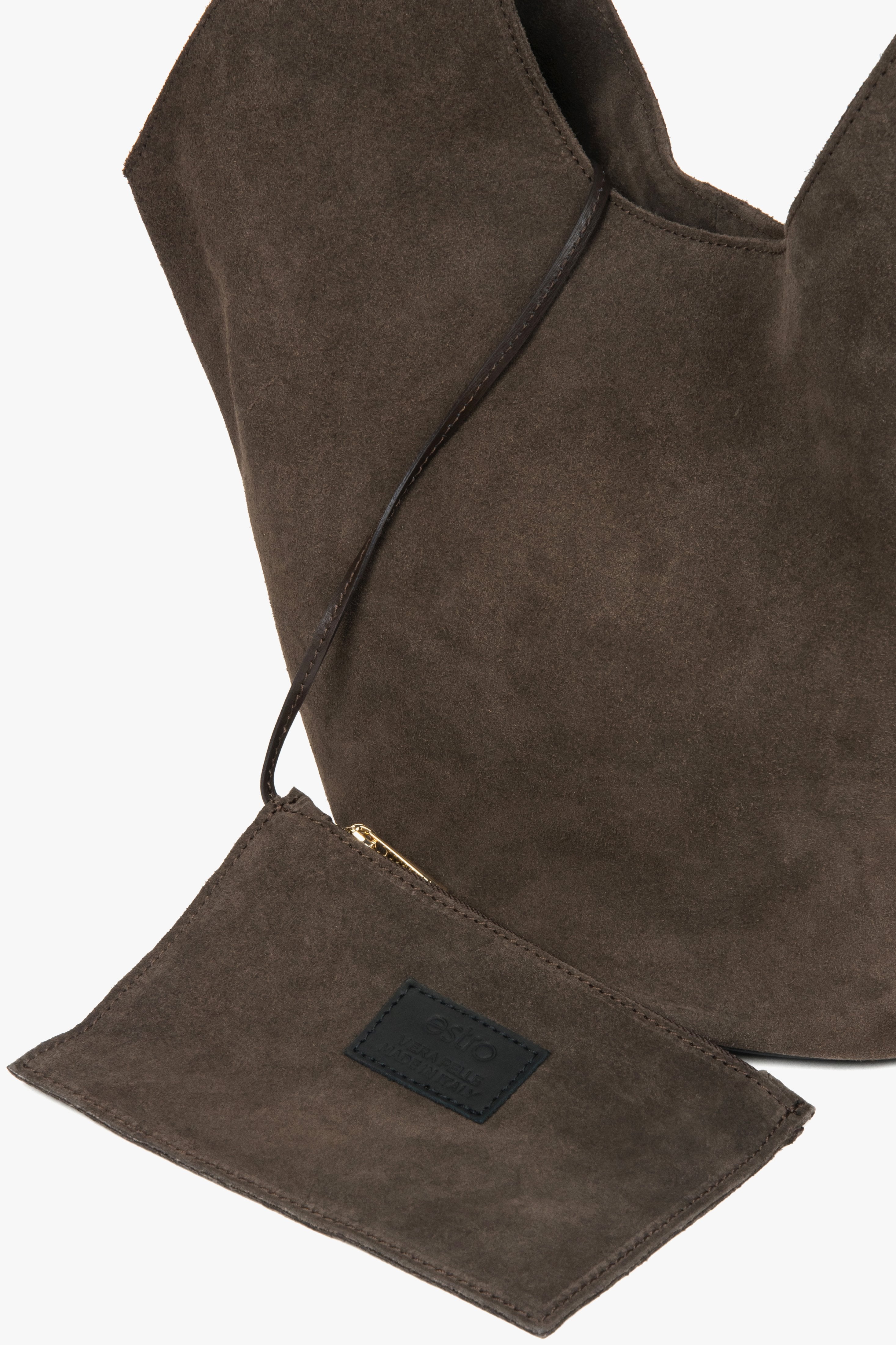 Ciemnobrązowa torebka damska Estro ER00118144, typu hobo, z włoskiego weluru naturalnego Premium.