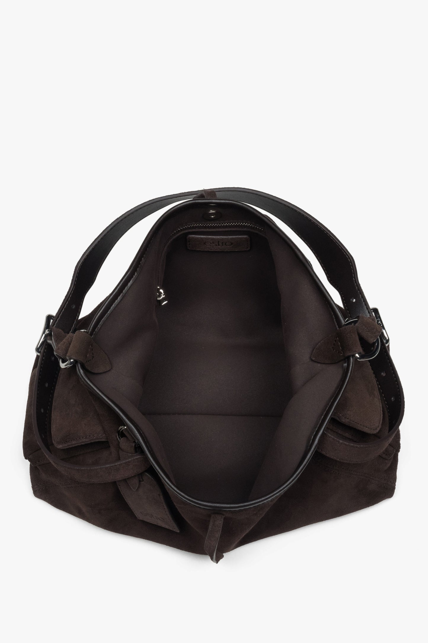 Ciemnobrązowa torebka damska Estro, na ramię, z miękkiego weluru naturalnego.