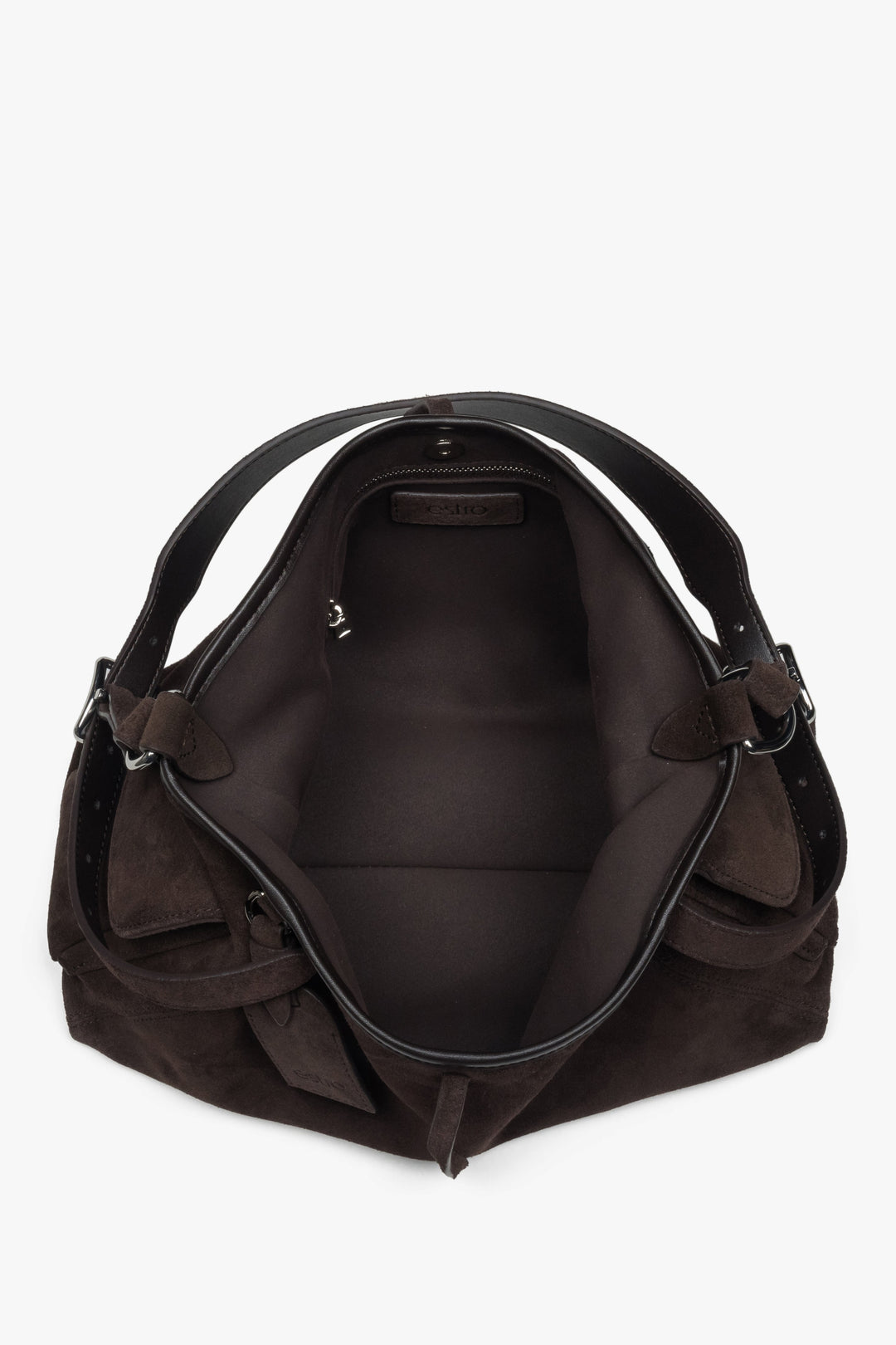 Ciemnobrązowa torebka damska Estro, na ramię, z miękkiego weluru naturalnego.