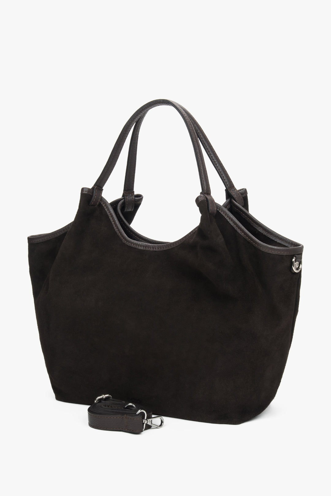 Damska ciemnobrązowa torebka typu shopper z włoskiego weluru naturalnego Premium Estro ER00118337.