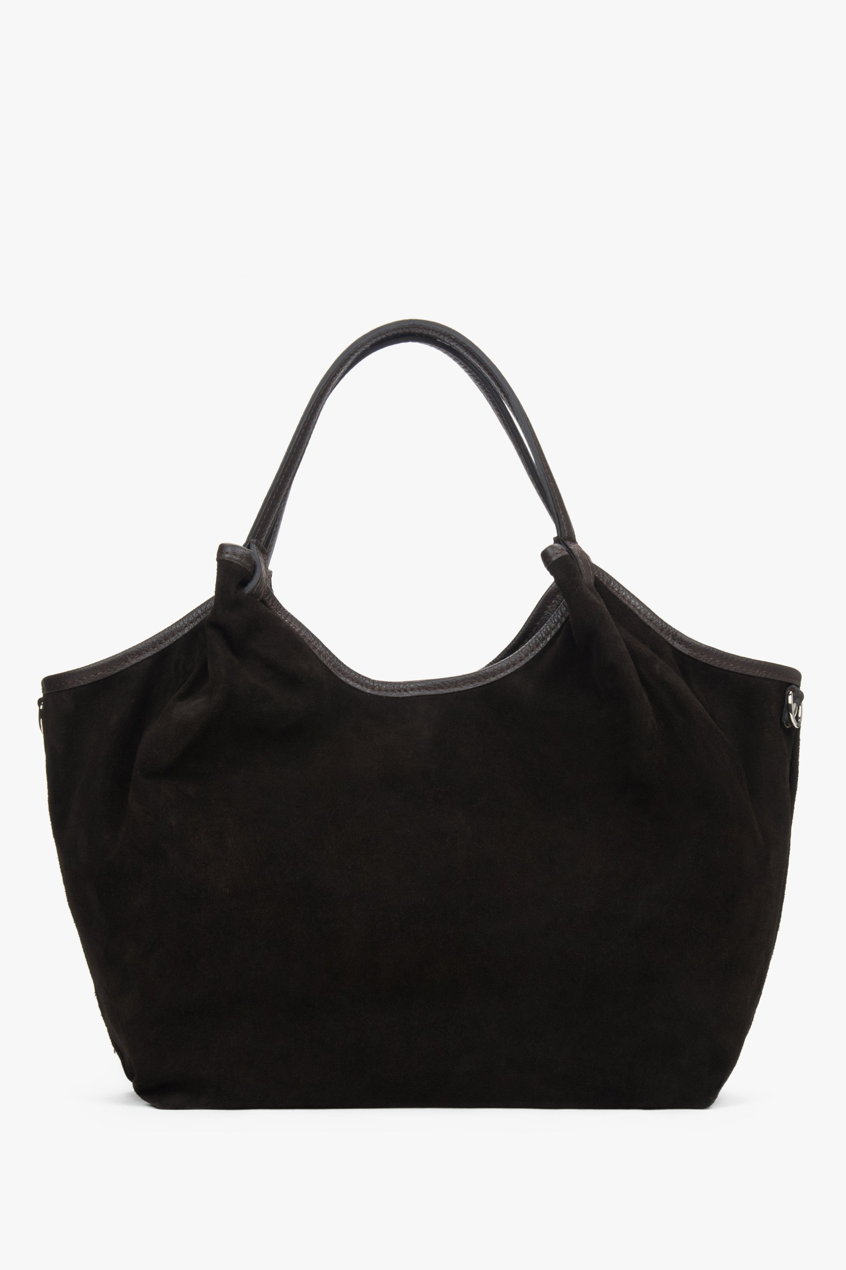 Torebka damska typu shopper, ciemnobrązowa, z włoskiego weluru naturalnego Premium, Estro ER00118337.