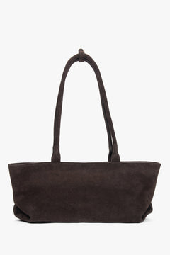 Torebka damska typu tote, ciemnobrązowa, z włoskiego weluru naturalnego Premium, z długimi ramionami, Estro ER00118347.
