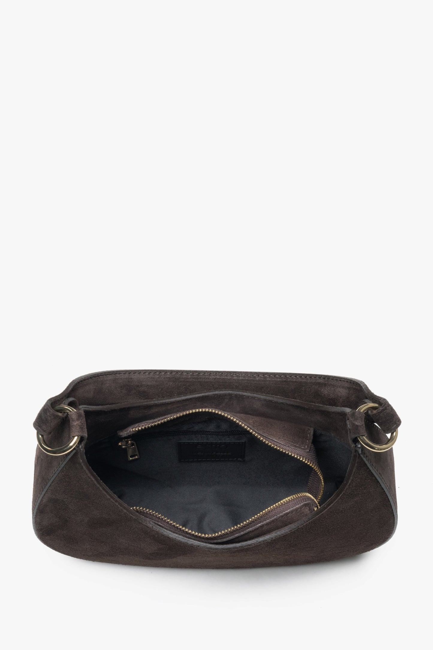 Ciemnobrązowa torebka damska typu shoulder bag z włoskiego weluru naturalnego Premium - widok z góry.