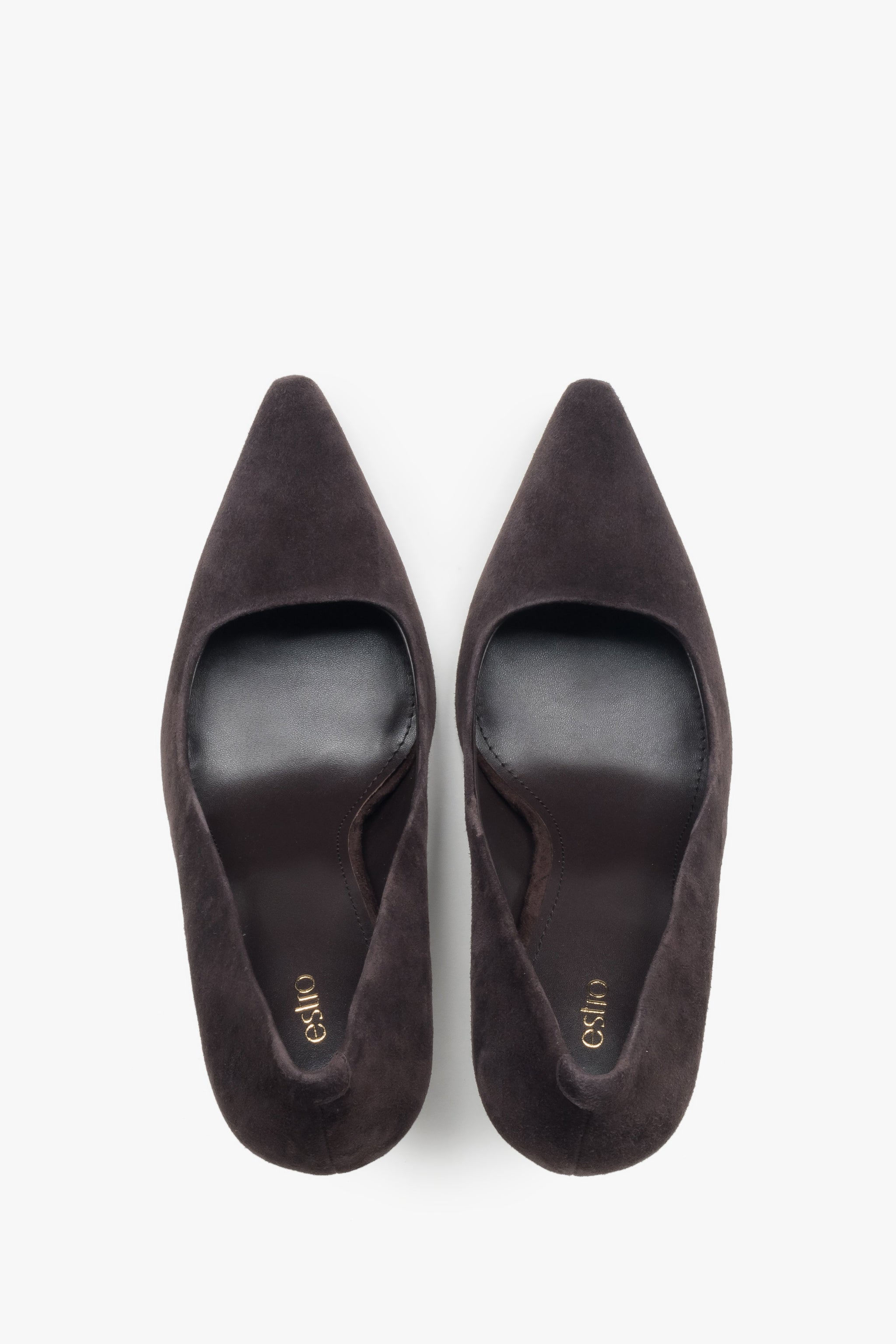 Buty damskie Estro, ciemnobrązowe, na obcasie, z weluru naturalnego.