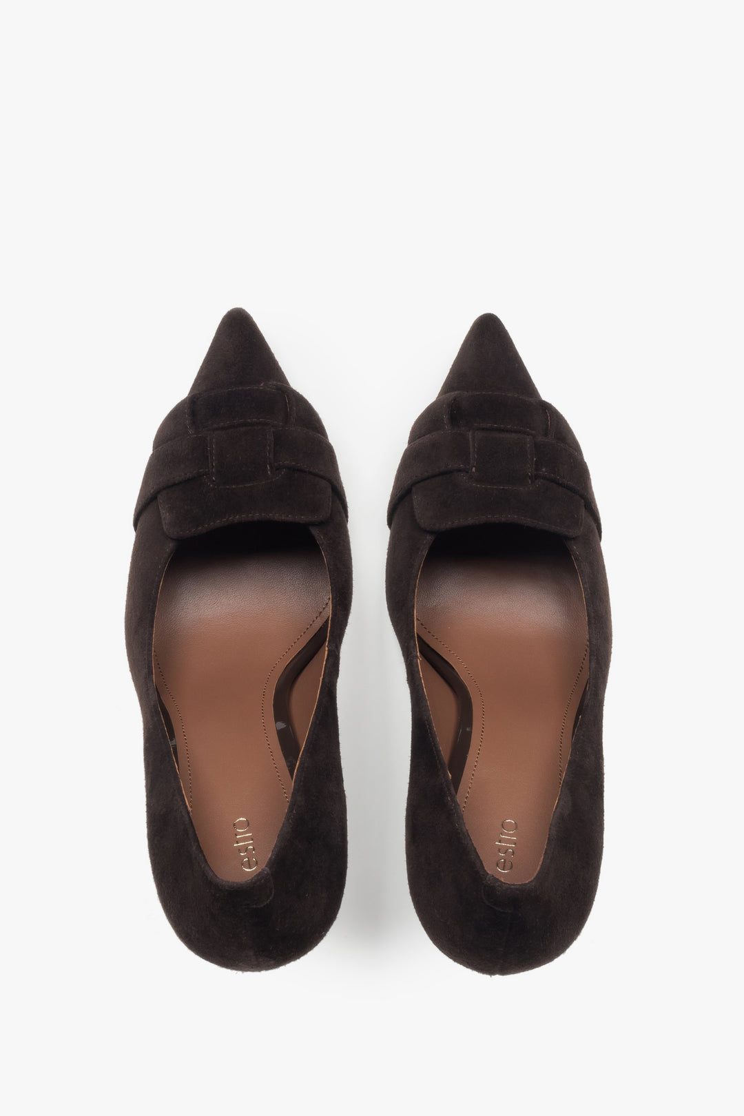 Buty na wysokim obcasie, ciemnobrązowe, z ozdobną aplikacją z weluru naturalnego, Estro.