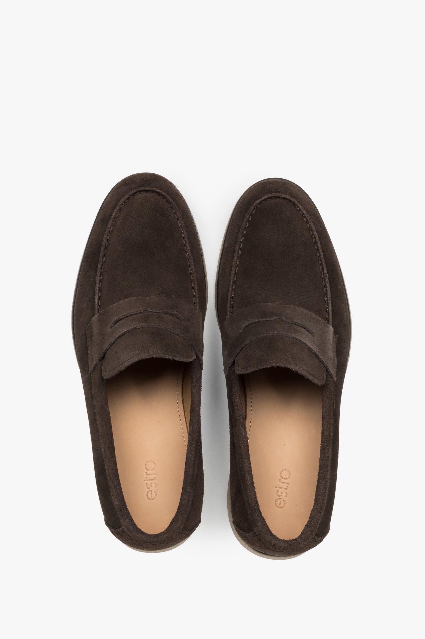 Loafersy męskie casualowe, ciemnobrązowe, z miękkiego weluru naturalnego, Estro.