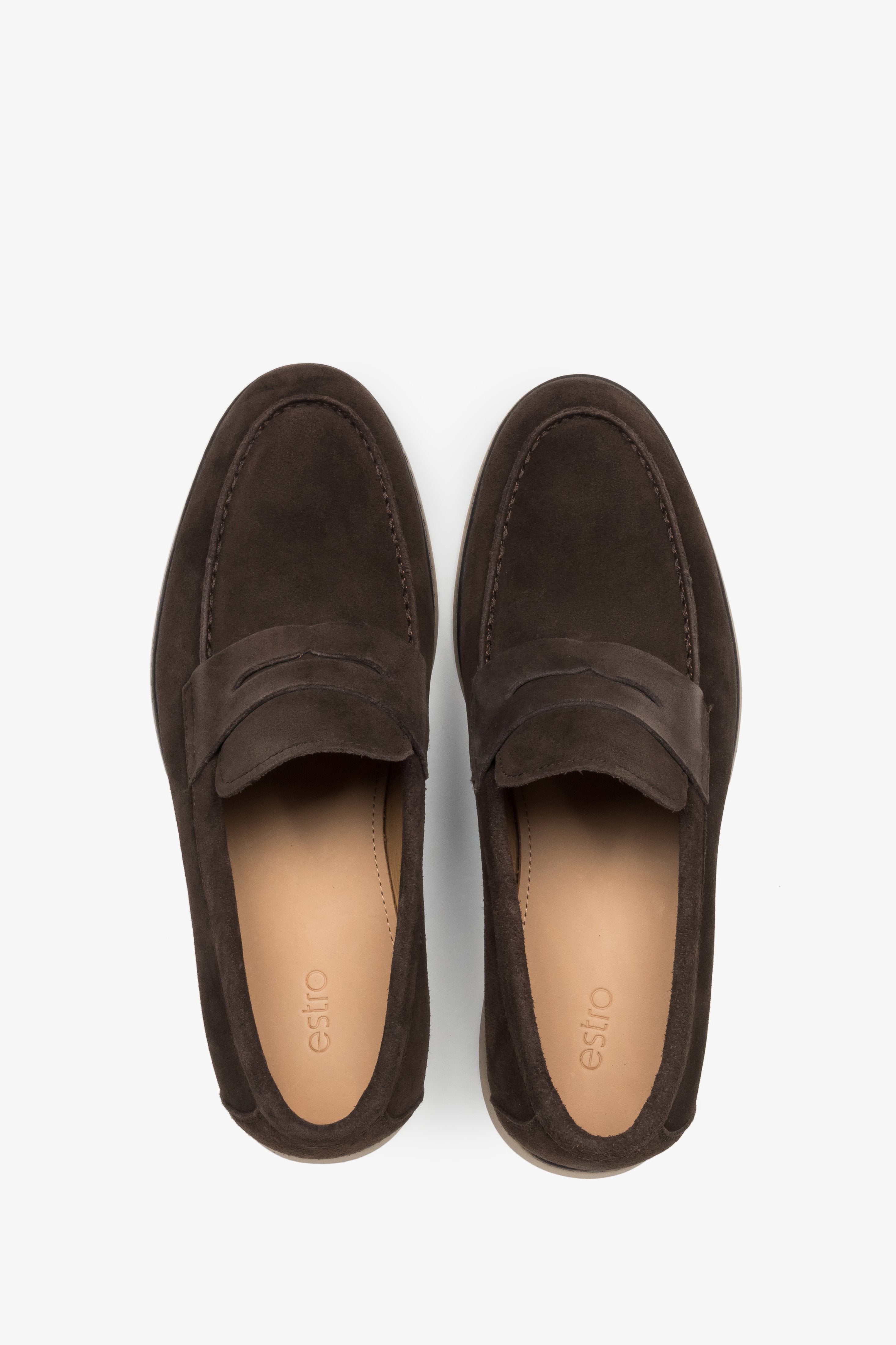 Loafersy męskie casualowe, ciemnobrązowe, z miękkiego weluru naturalnego, Estro.