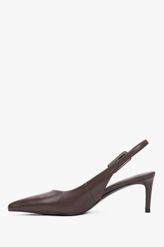 Damskie ciemnobrązowe czółenka typu slingback ze skóry naturalnej na stabilnej szpilce Estro.