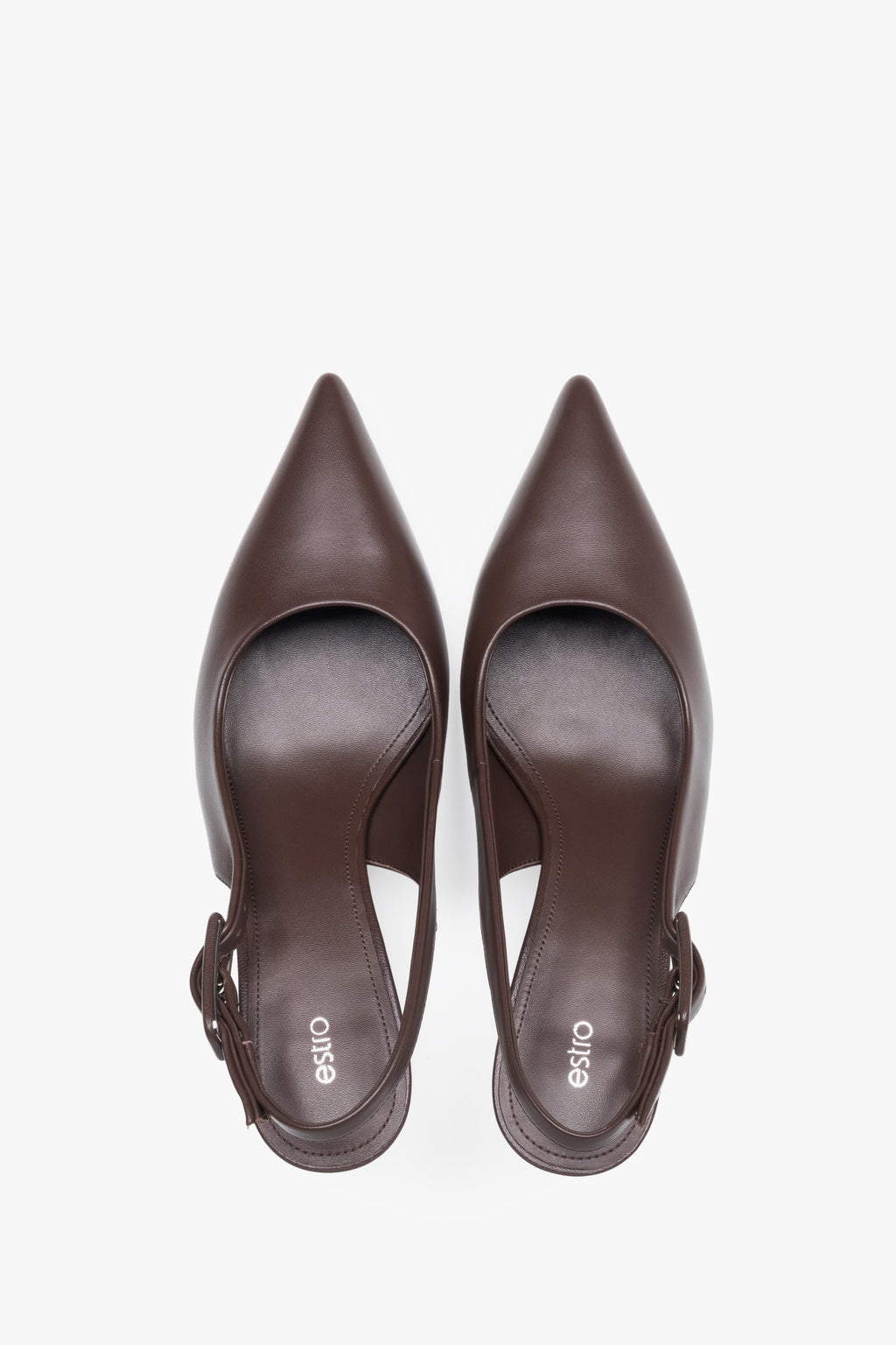 Czółenka damskie typu slingback, ciemnobrązowe, ze skóry naturalnej, na stabilnej szpilce, Estro.