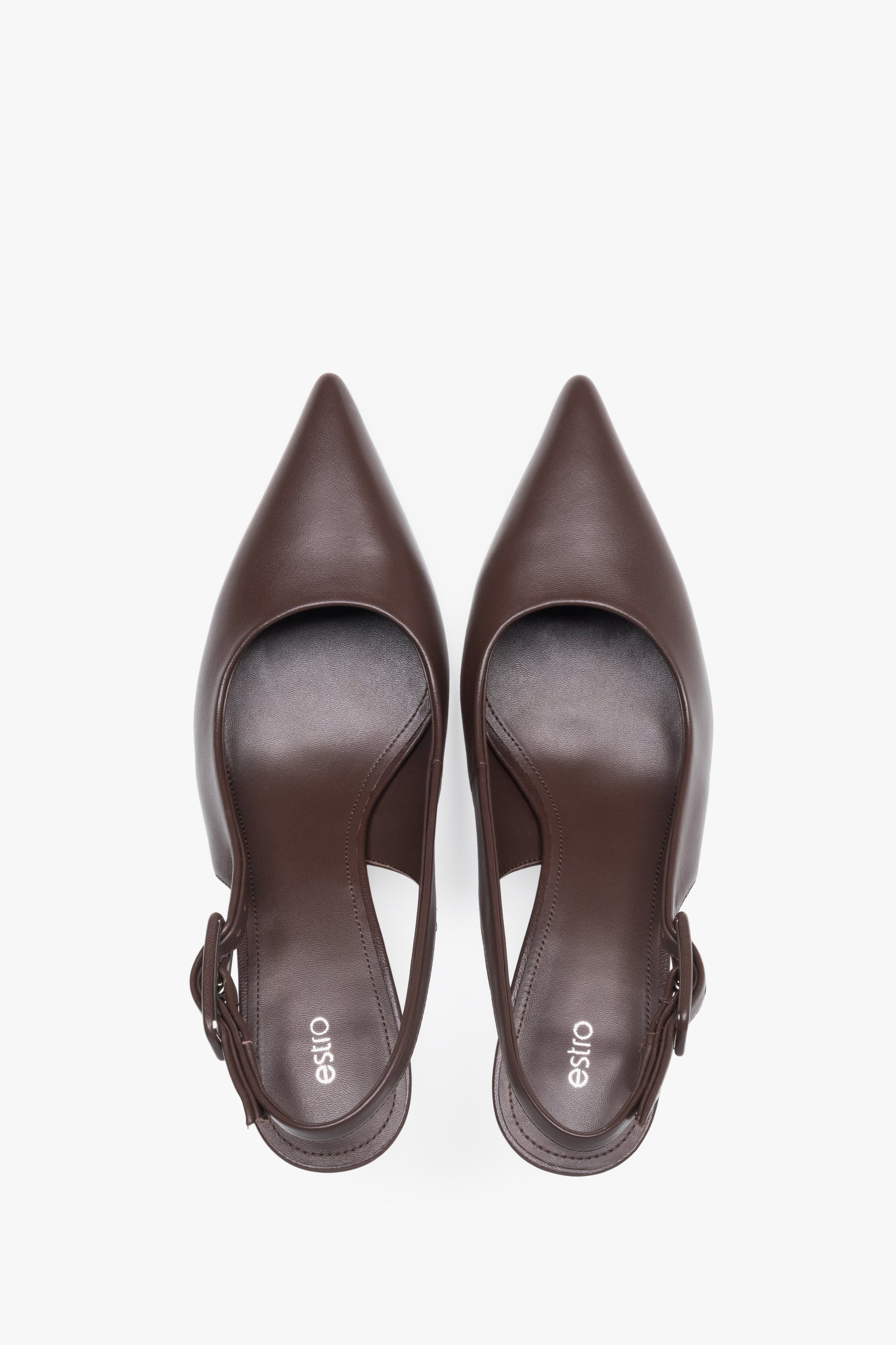 Czółenka damskie typu slingback, ciemnobrązowe, ze skóry naturalnej, na stabilnej szpilce, Estro.