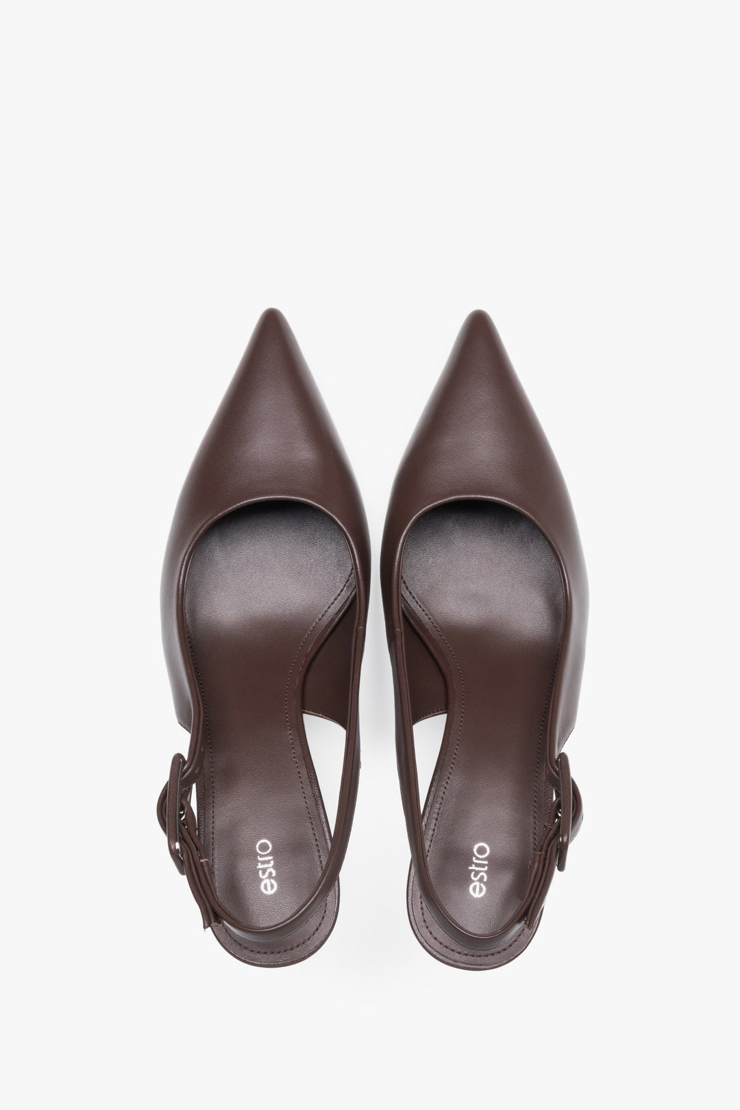 Czółenka damskie typu slingback, ciemnobrązowe, ze skóry naturalnej, na stabilnej szpilce, Estro.