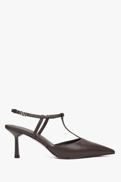 Ciemnobrązowe czółenka damskie typu slingback na szpilce z czubkiem w szpic Estro ER00117181