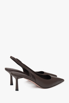 Klasyczne ciemnobrązowe czółenka damskie Estro, typu slingback, na wysokim obcasie.