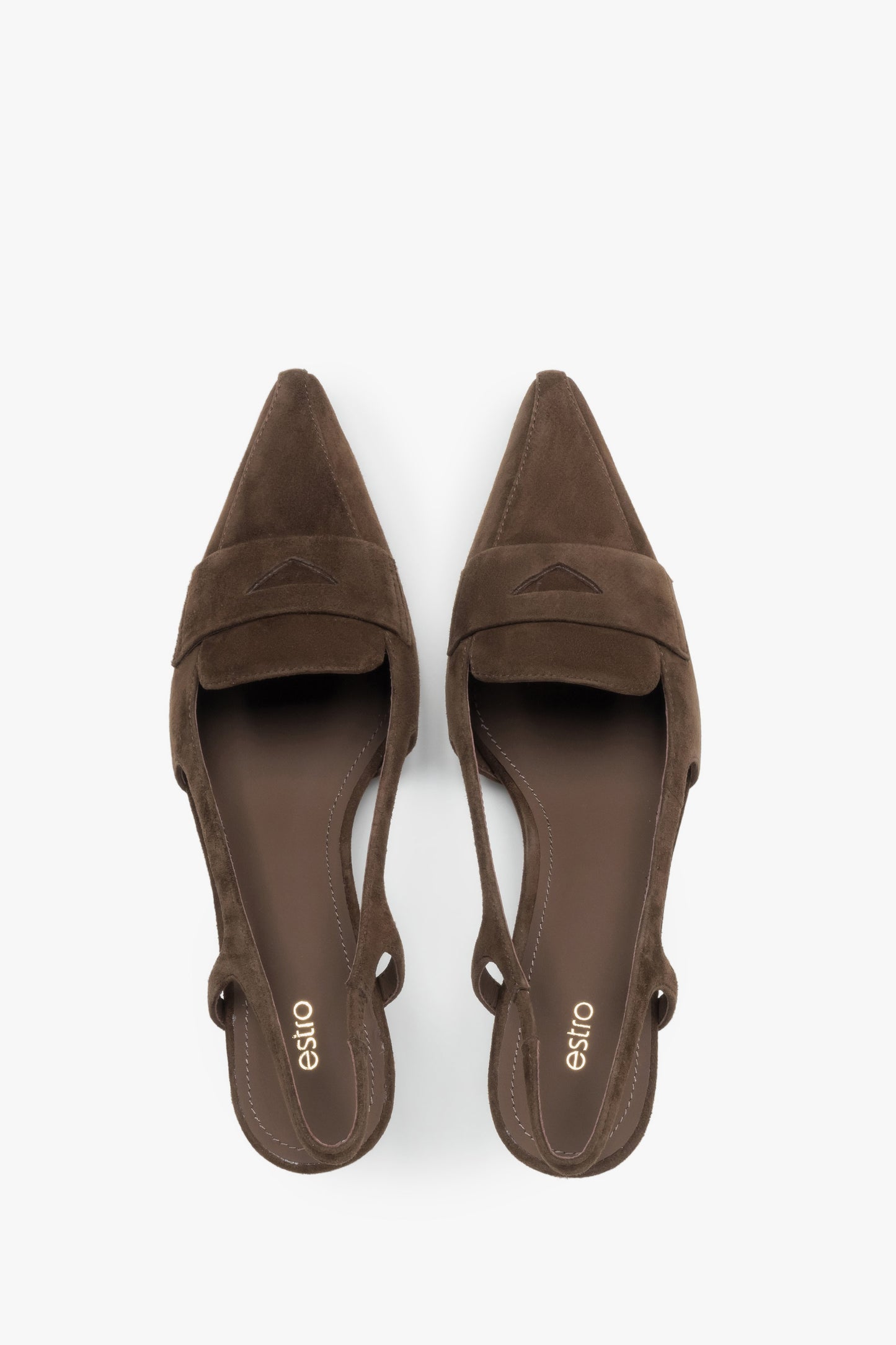 Czółenka damskie slingbacki, ciemnobrązowe, z weluru naturalnego, na obcasie kitten heel, Estro.