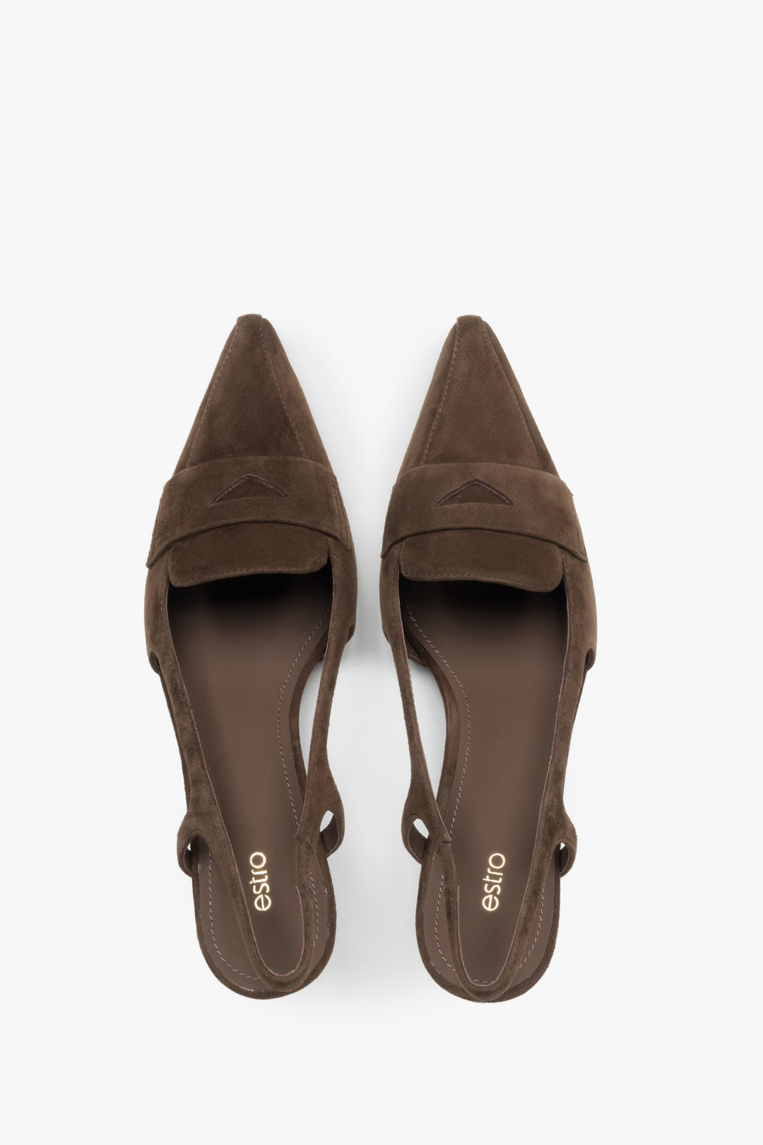 Czółenka damskie slingbacki, ciemnobrązowe, z weluru naturalnego, na obcasie kitten heel, Estro.