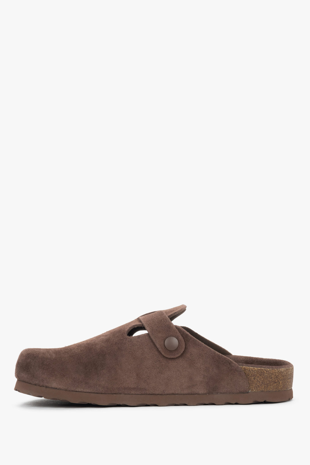 Ciemnobrązowe klapki damskie Estro, typu chodaki, z miękkiego weluru naturalnego.