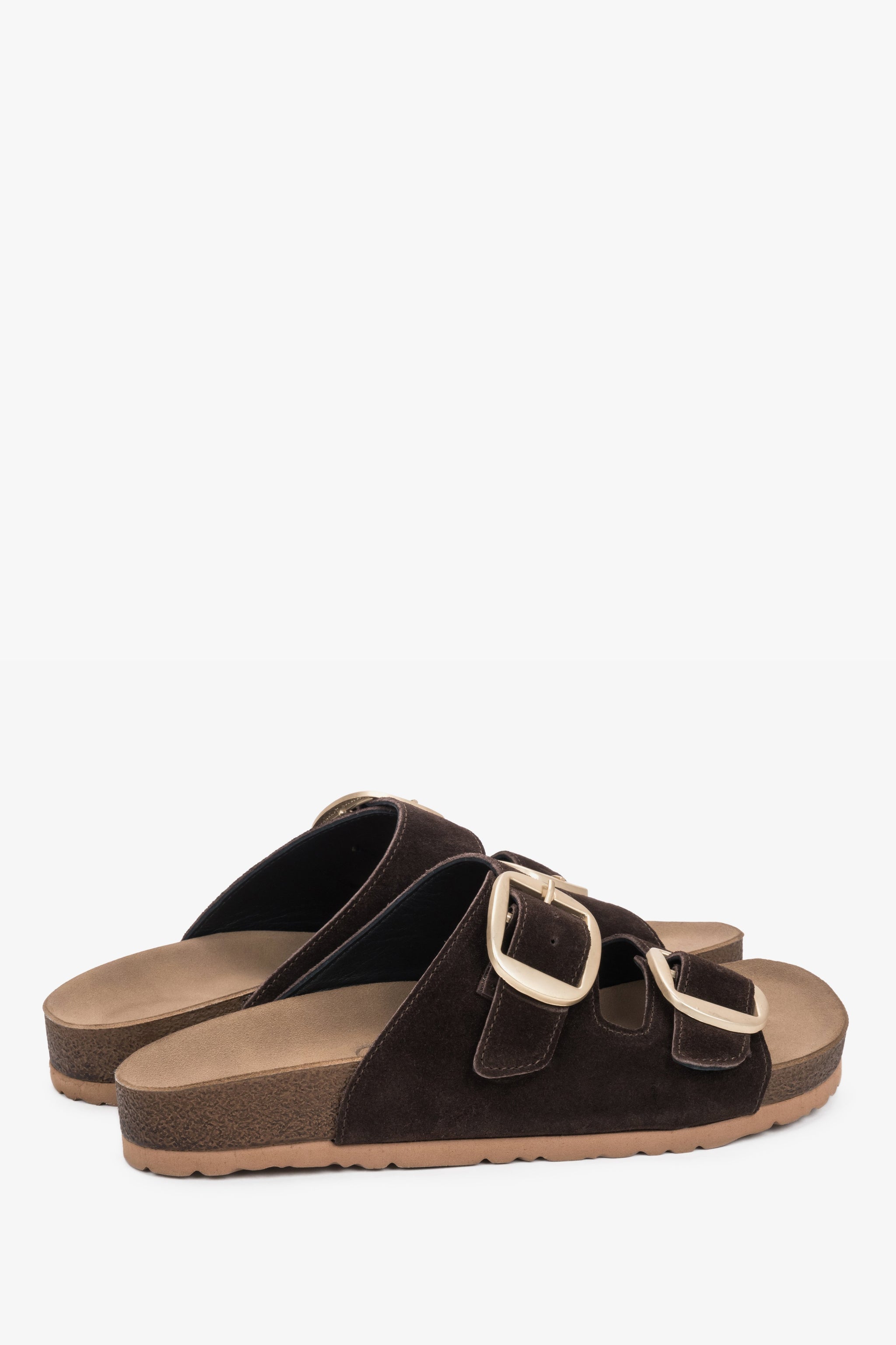Z weluru naturalnego, ciemnobrązowe klapki damskie z grubymi paskami Estro.