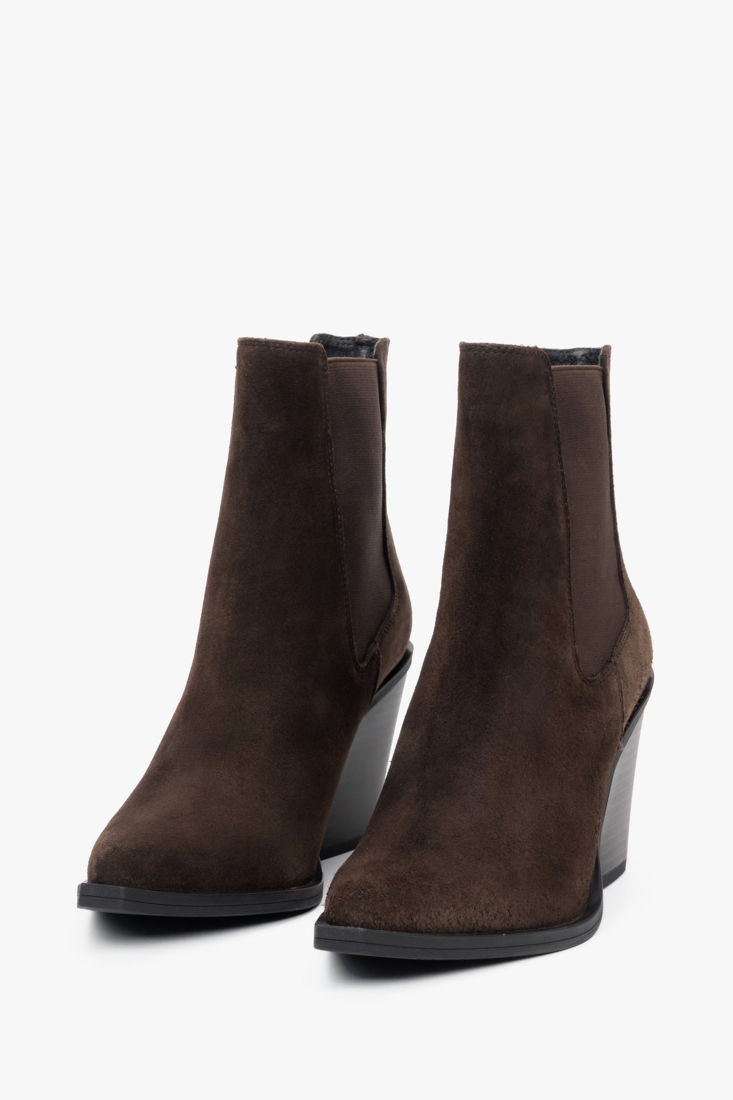 Ciemnobrązowe kowbojki damskie na obcasie z włoskiego weluru naturalnego Premium.