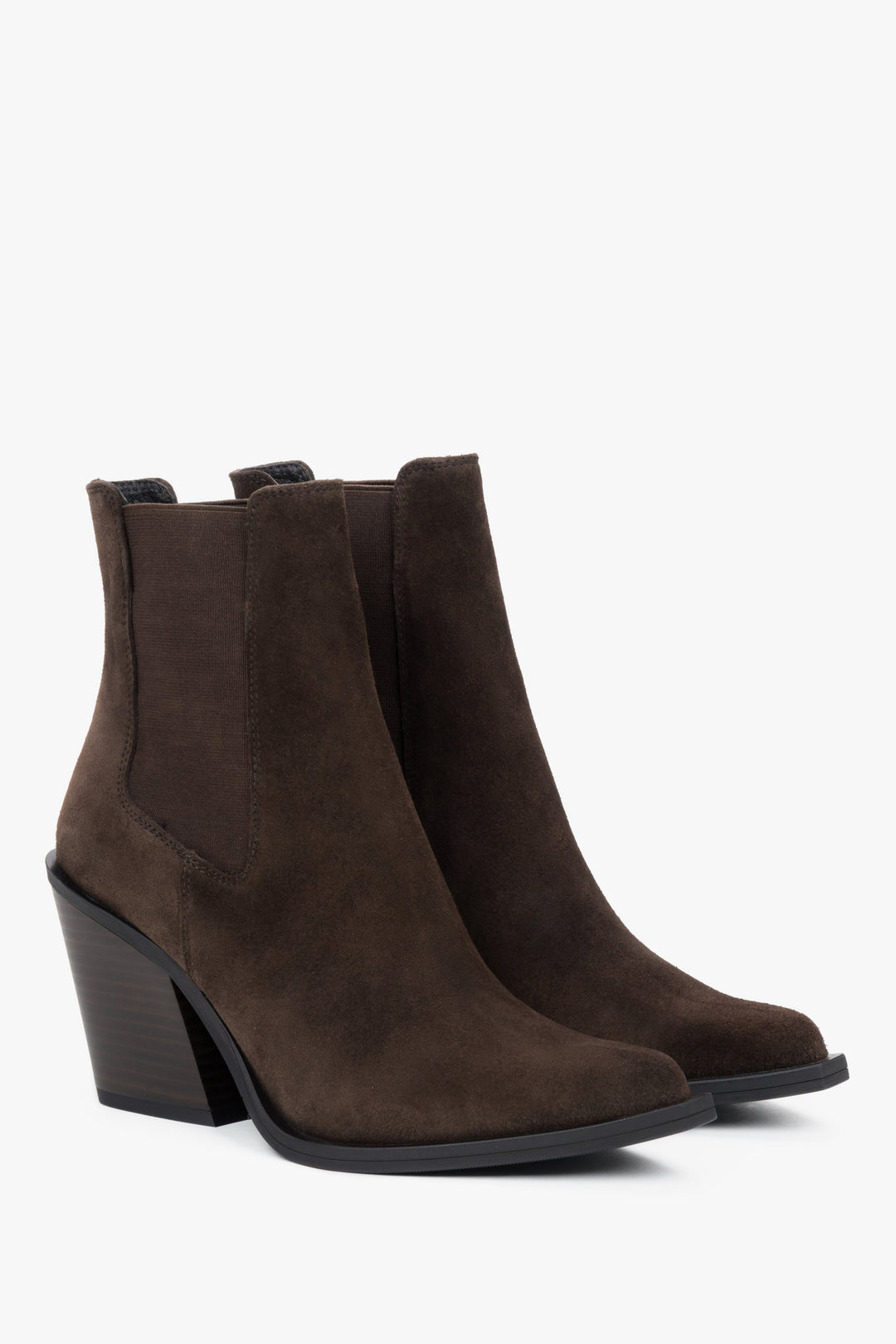 Kowbojki damskie na obcasie, ciemnobrązowe, z włoskiego weluru naturalnego Premium, Estro.