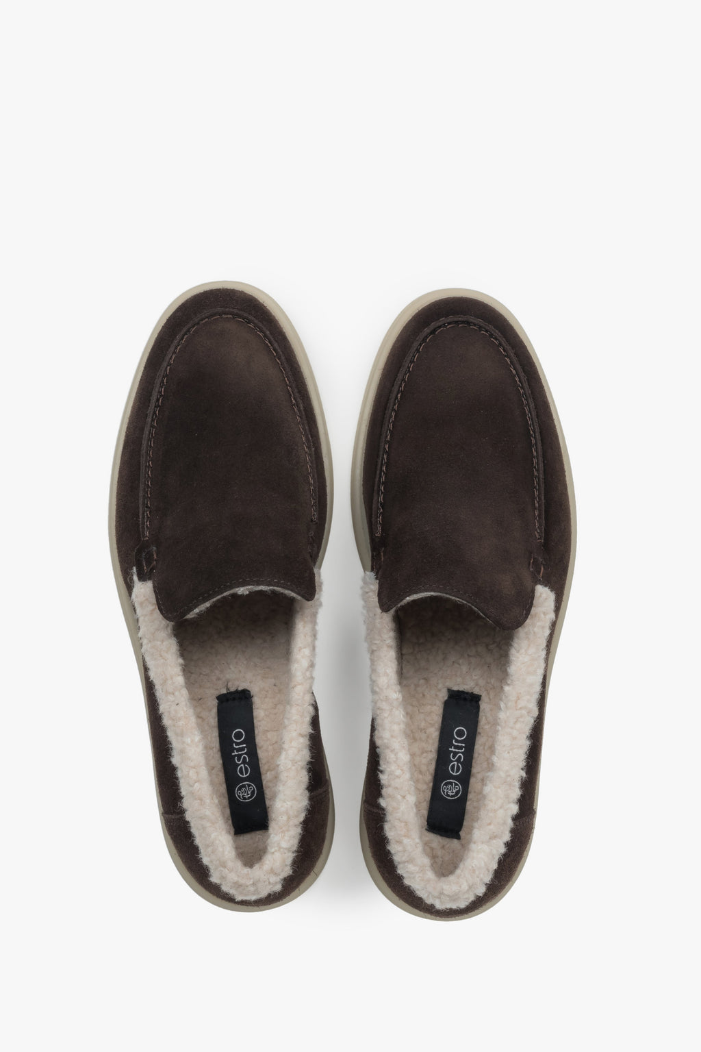 Loafersy damskie na zimę, ciemnobrązowe, z weluru naturalnego i futrzanym wsadem, Estro ER00118322.
