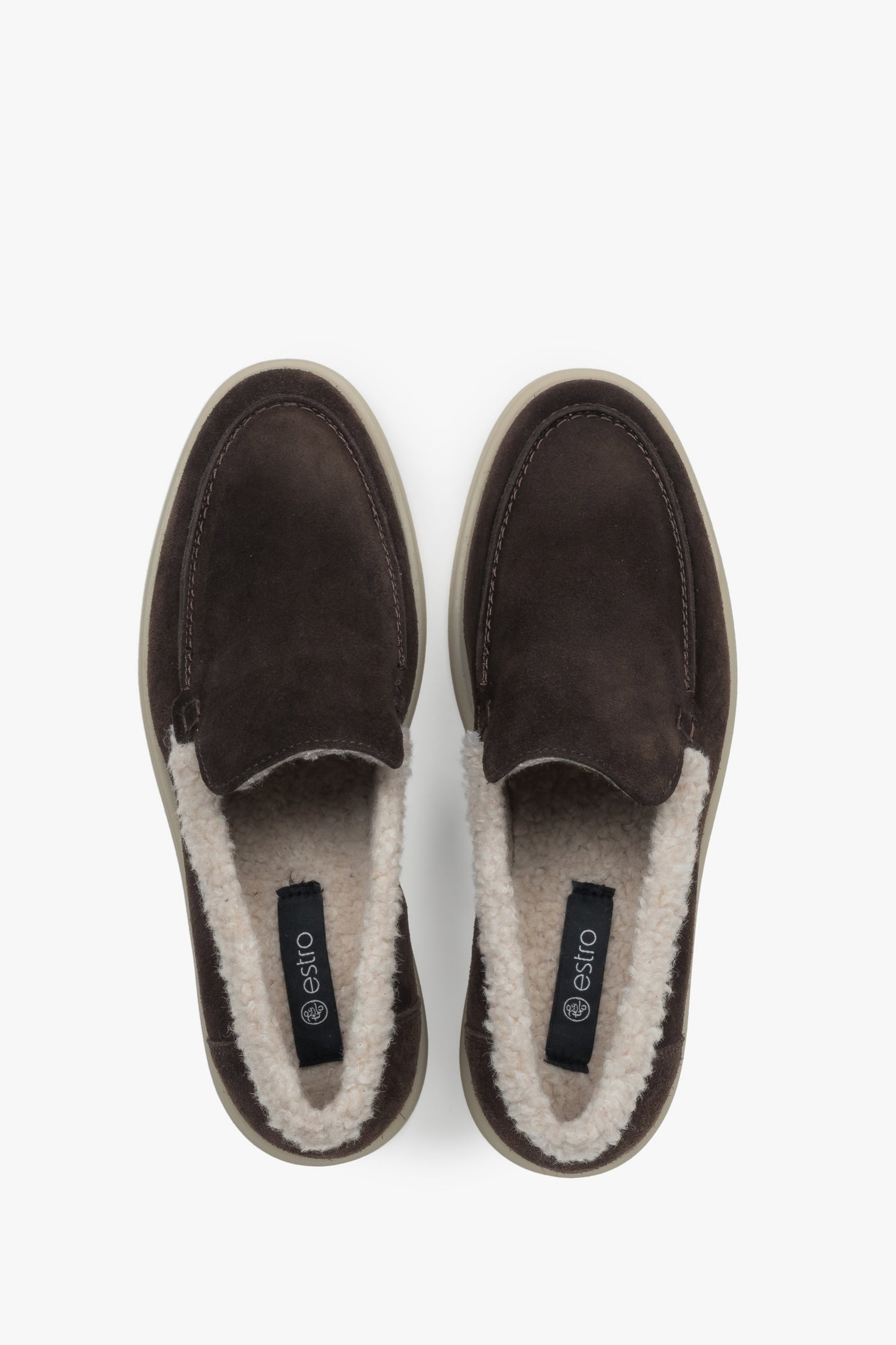 Loafersy damskie na zimę, ciemnobrązowe, z weluru naturalnego i futrzanym wsadem, Estro ER00118322.