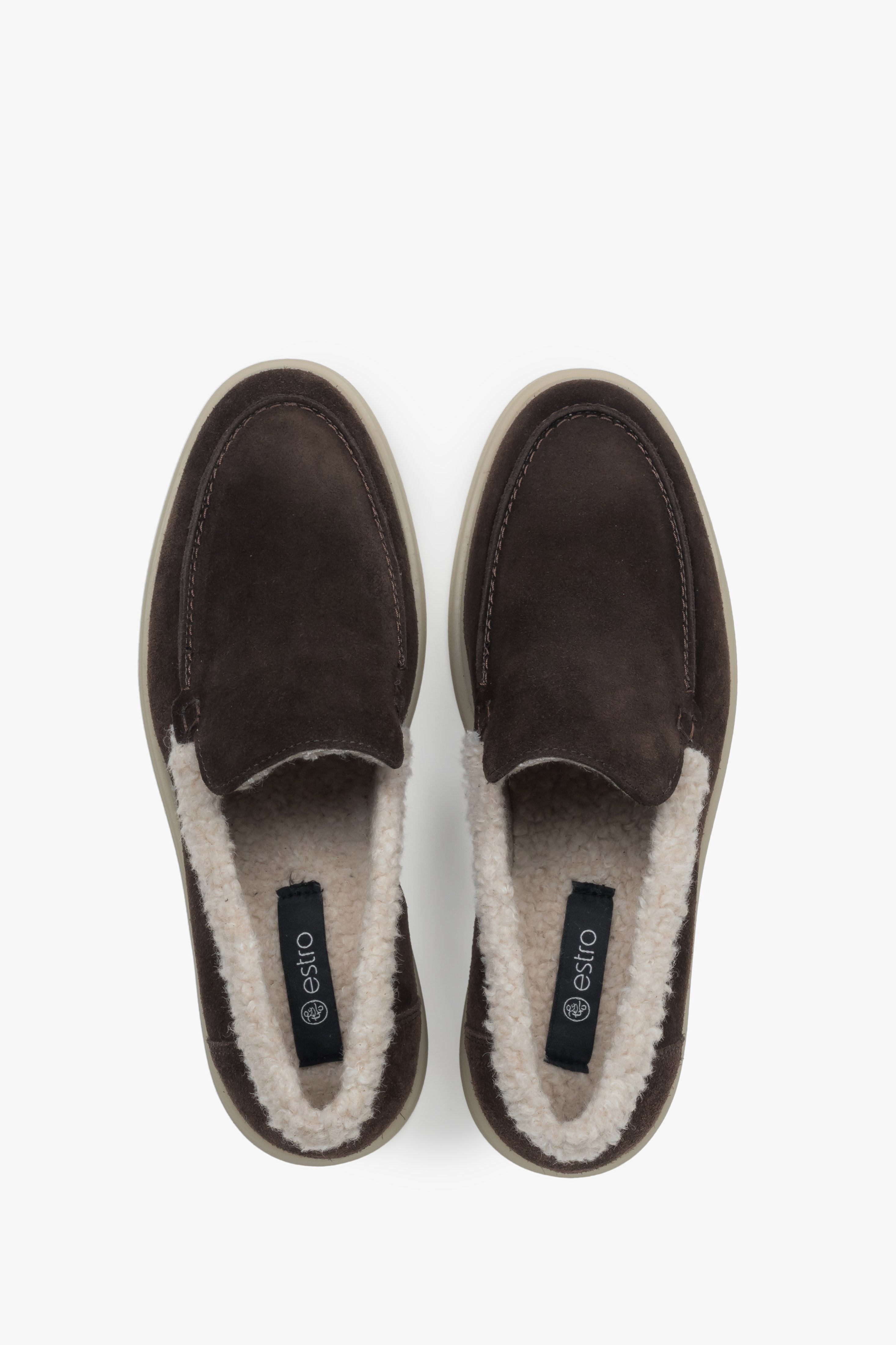 Loafersy damskie na zimę, ciemnobrązowe, z weluru naturalnego i futrzanym wsadem, Estro ER00118322.
