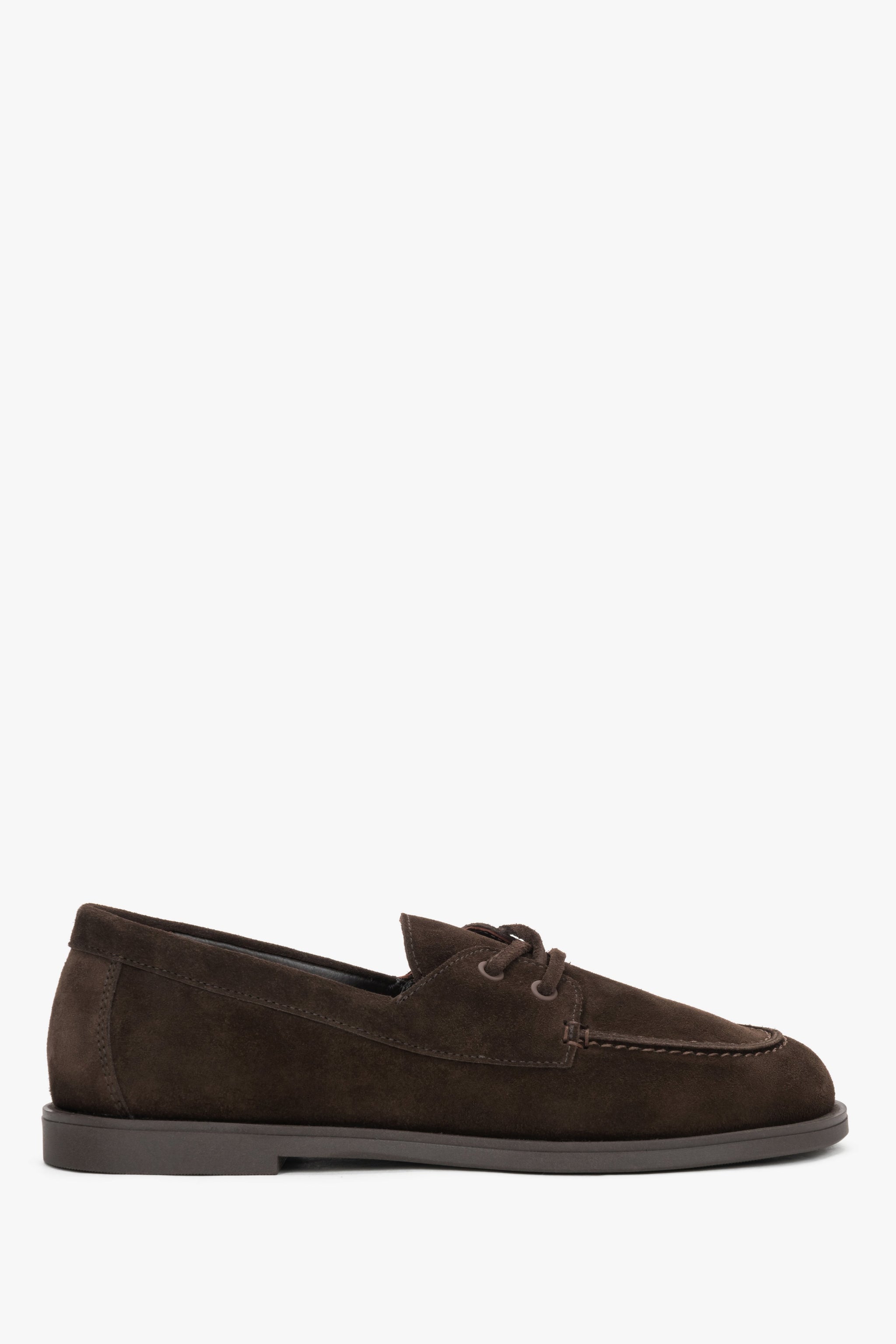 Ciemnobrązowe loafersy damskie w stylu żeglarskim z włoskiego weluru naturalnego Premium Estro.