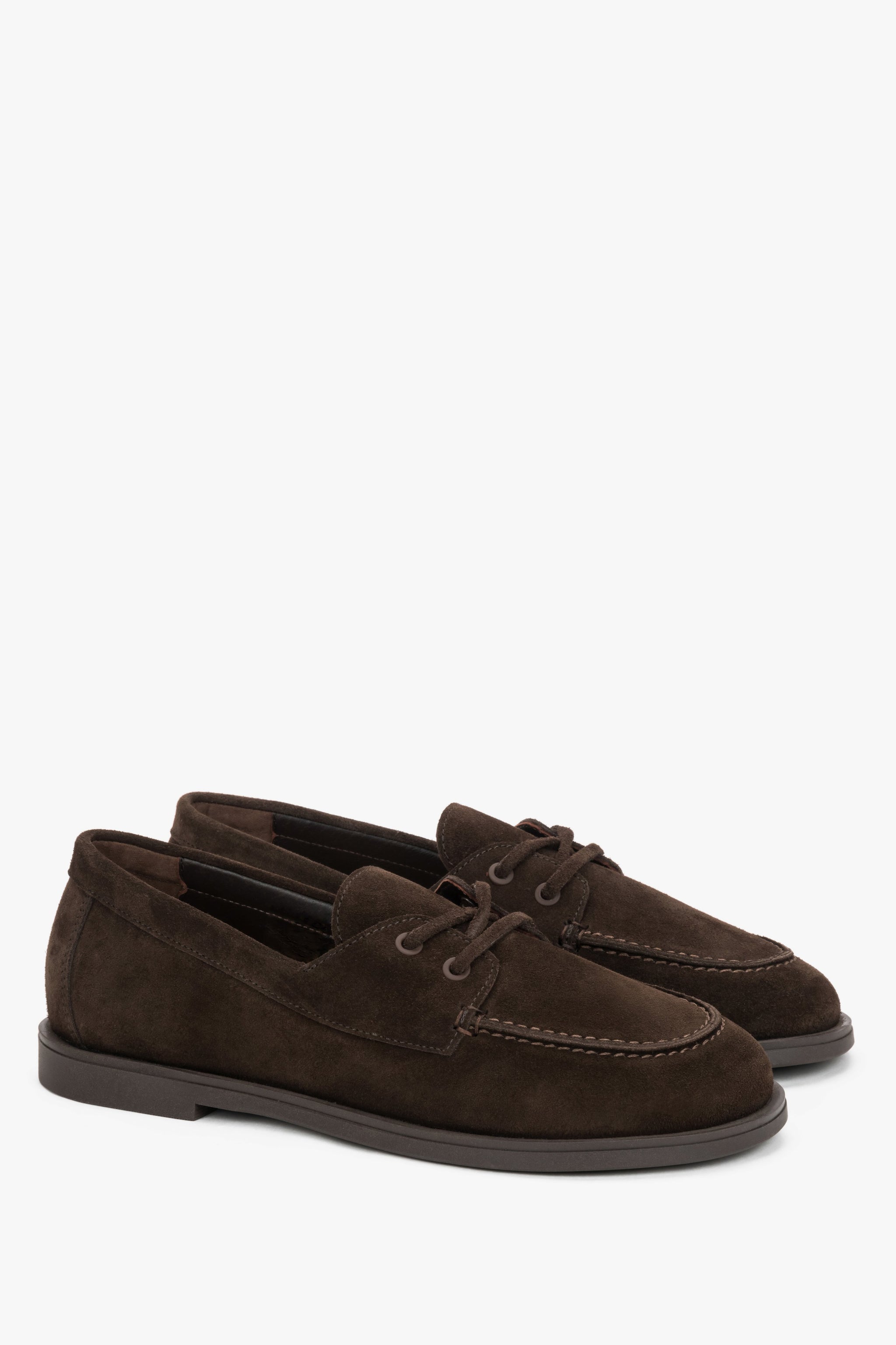 Ciemnobrązowe loafersy damskie w stylu żeglarskim z włoskiego weluru naturalnego Premium.