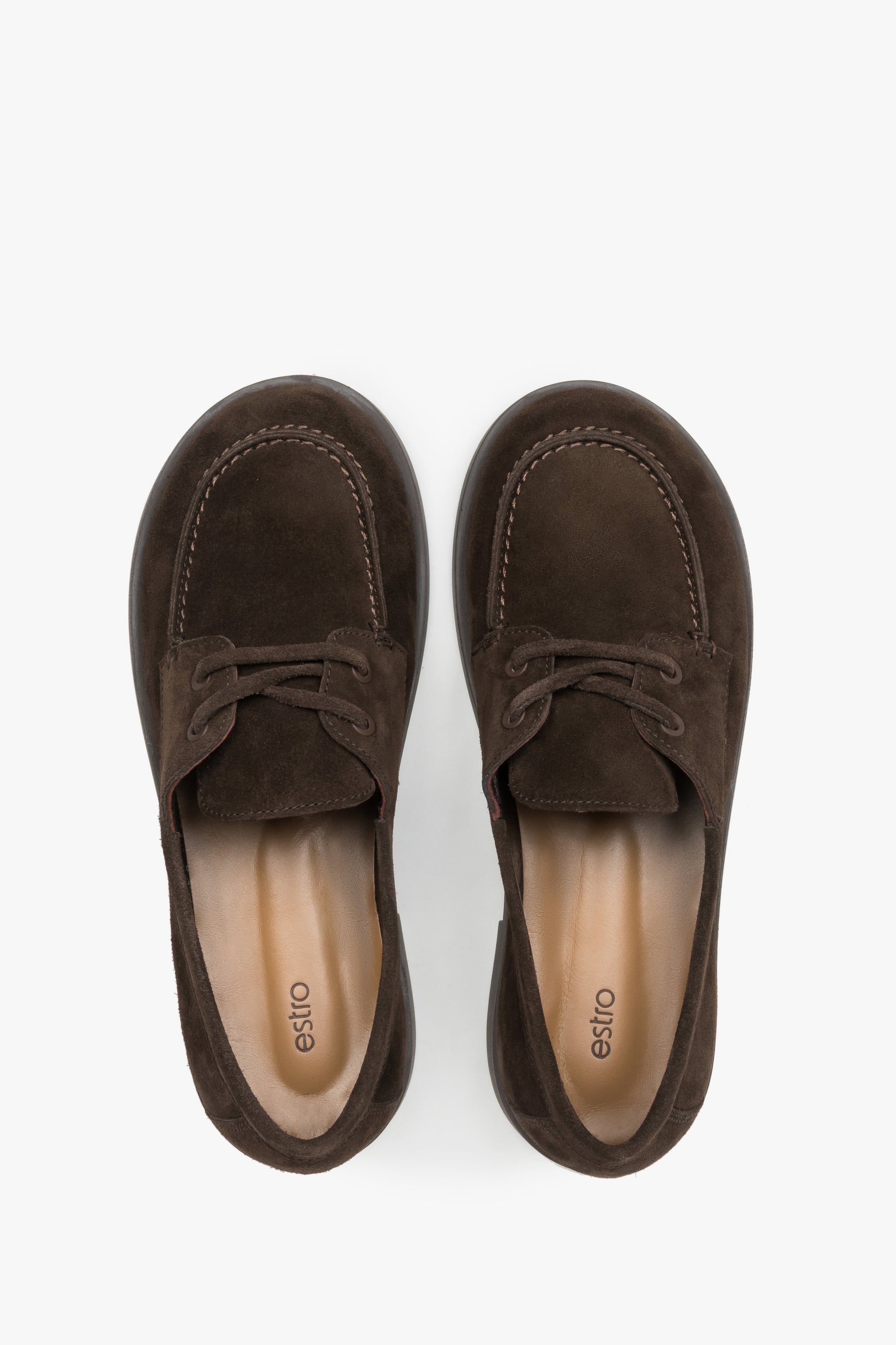 Loafersy damskie w stylu żeglarskim, ciemnobrązowe, z włoskiego weluru naturalnego Premium, Estro.
