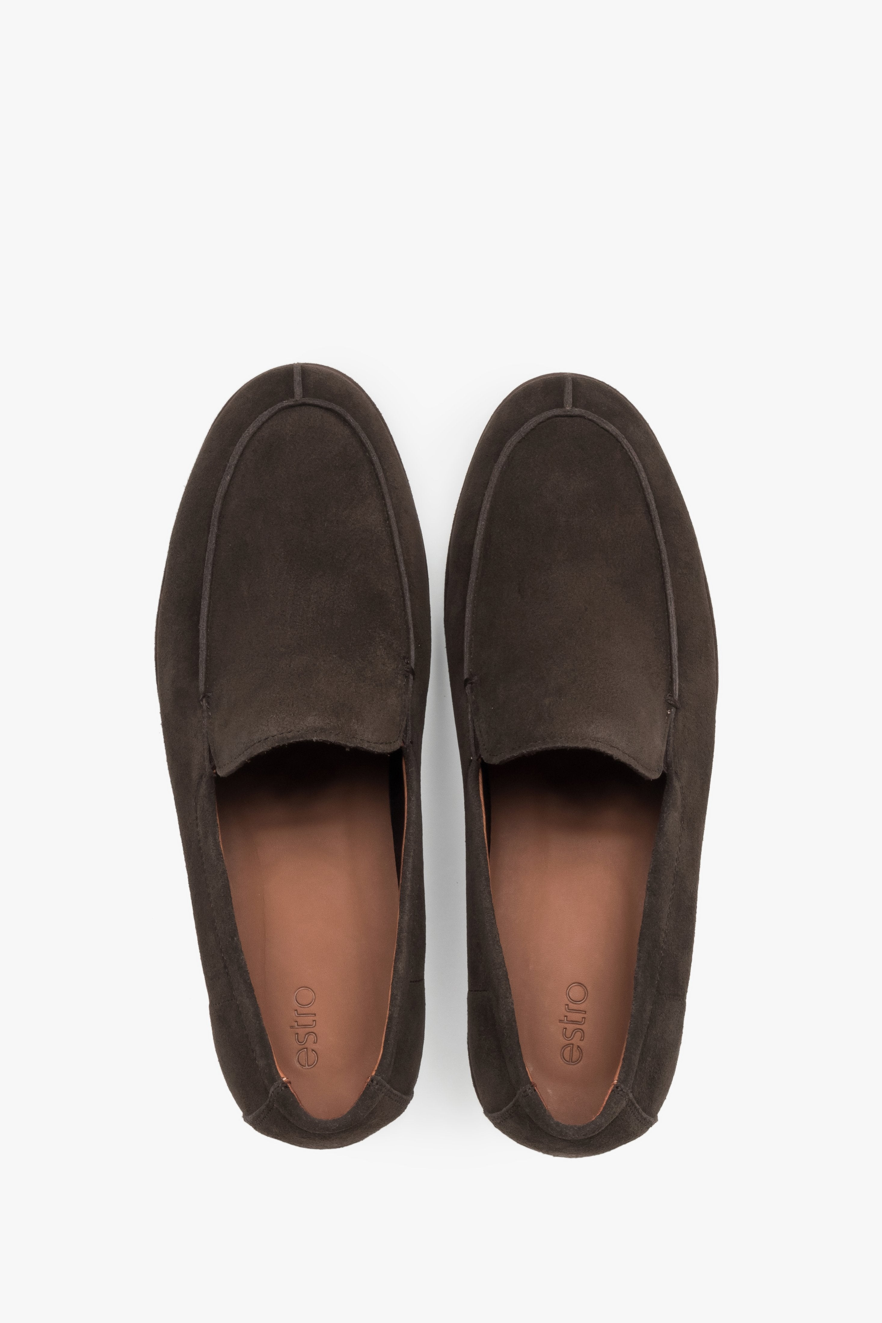 Loafersy męskie, ciemnobrązowe, z miękkiego weluru naturalnego, Estro.