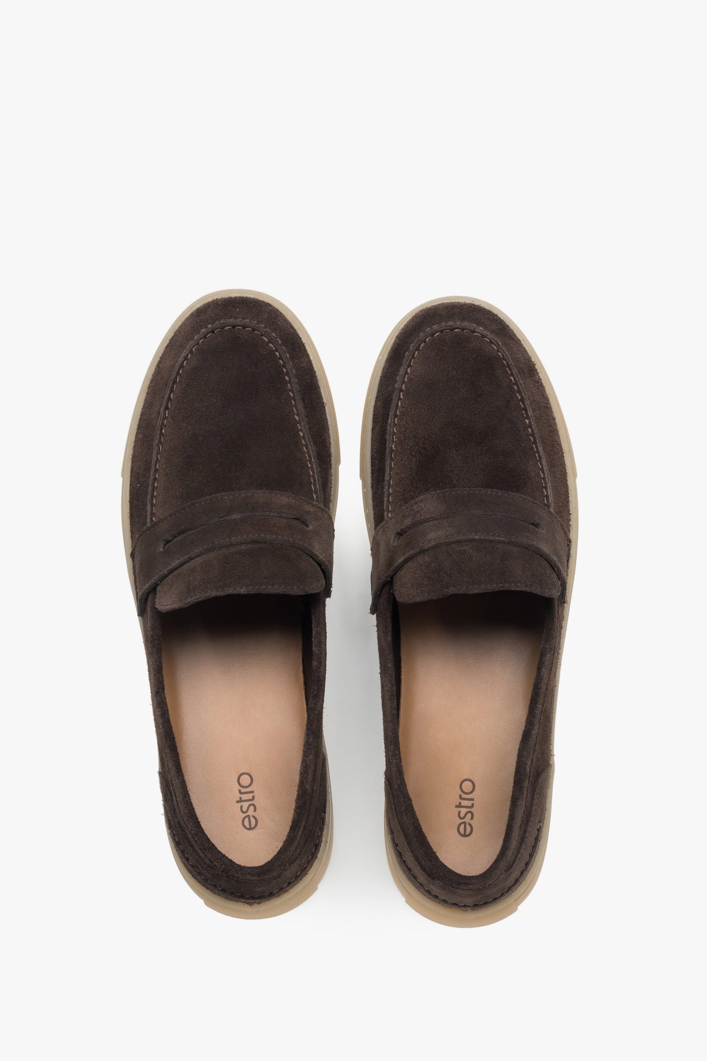 Loafersy męskie na sprężystej podeszwie, ciemnobrązowe, z włoskiego weluru naturalnego Premium, Estro.
