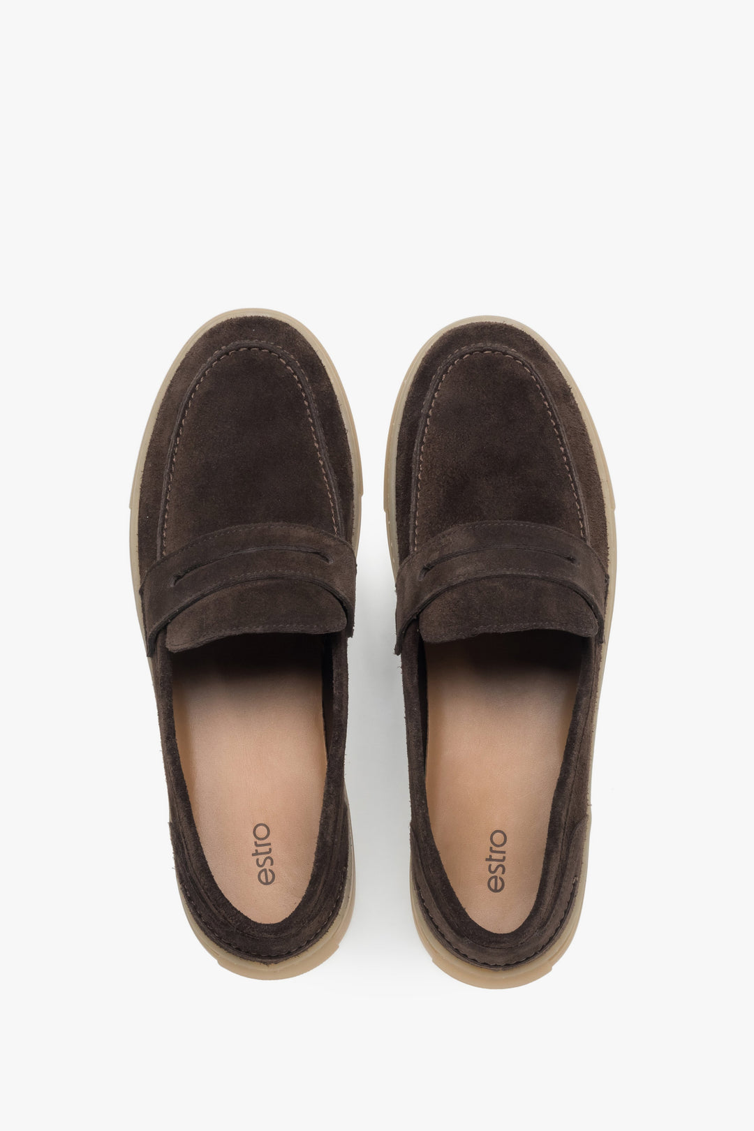 Loafersy męskie na sprężystej podeszwie, ciemnobrązowe, z włoskiego weluru naturalnego Premium, Estro.