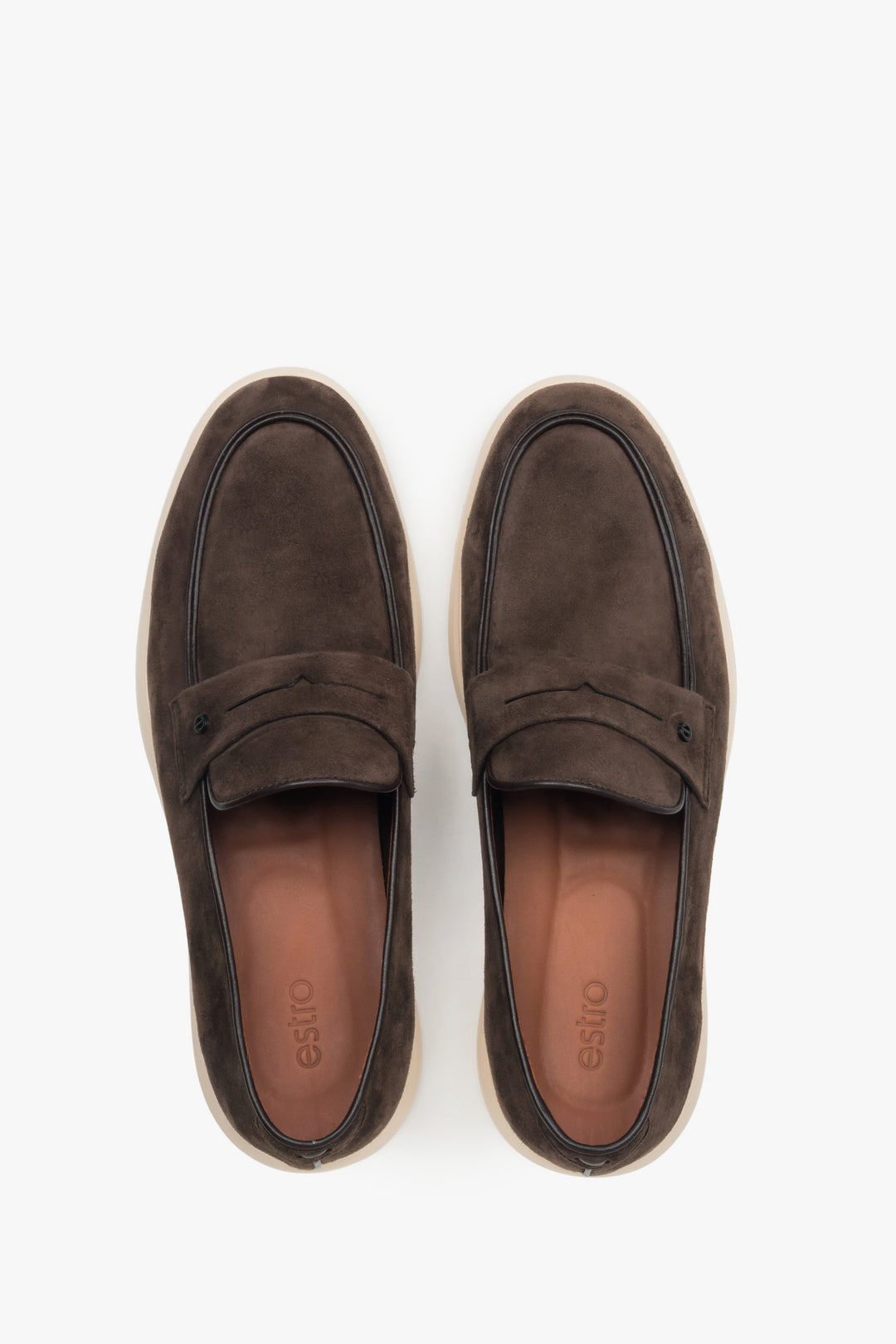 Mokasyny męskie na sprężystej podeszwie, ciemnobrązowe, z weluru naturalnego, Estro.