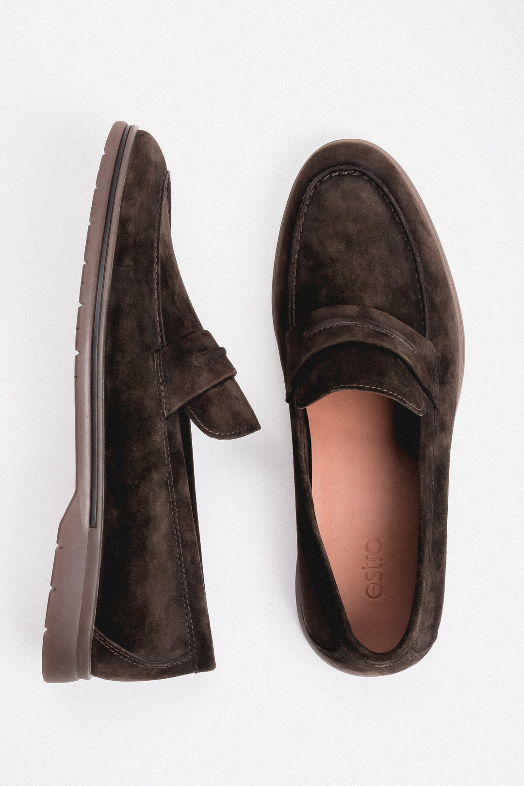 Mokasyny męskie, ciemnobrązowe, z weluru naturalnego, na miękkiej podeszwie, Estro.