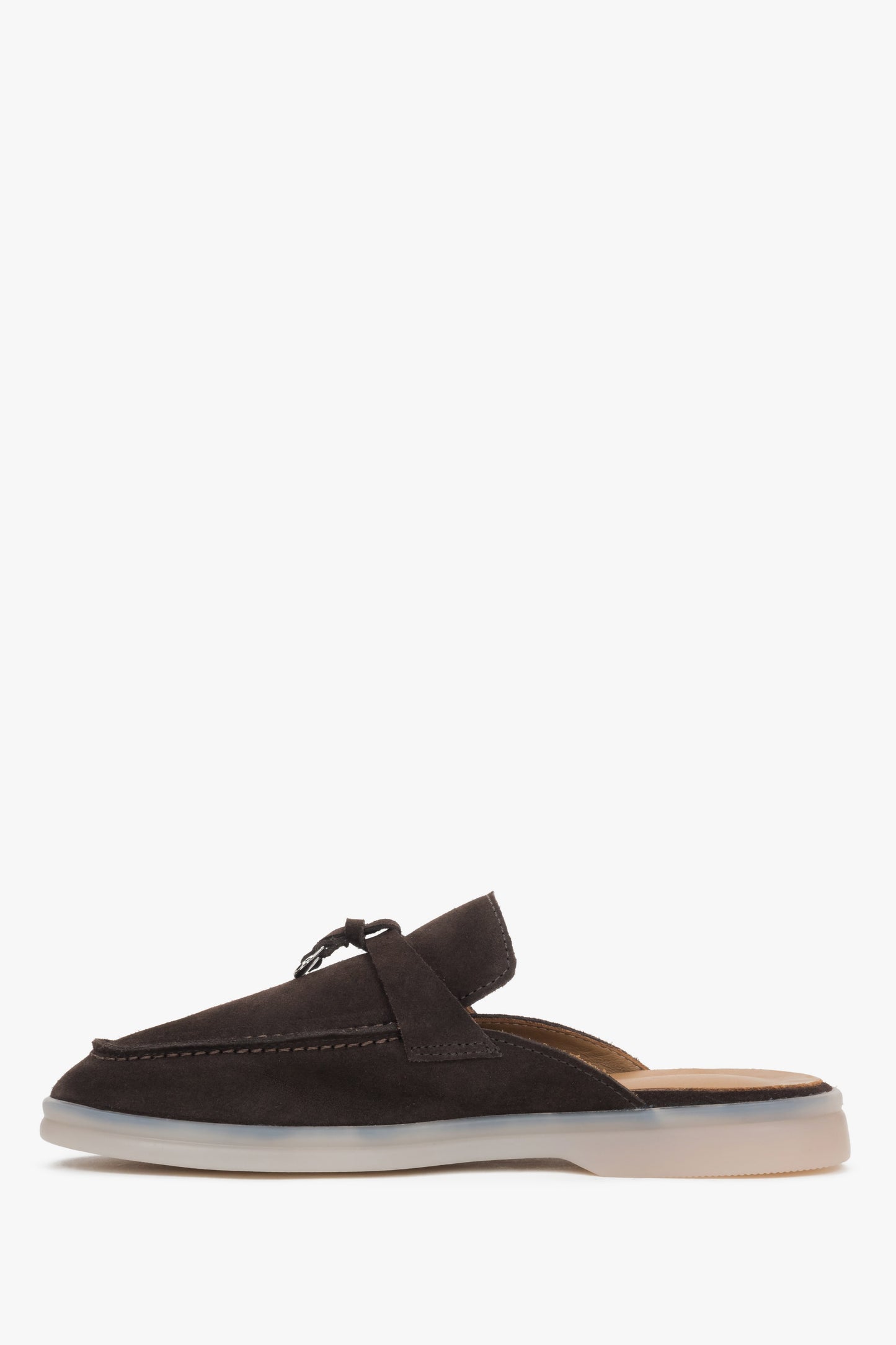 Damskie ciemnobrązowe mule z miękkiego weluru naturalnego Estro.
