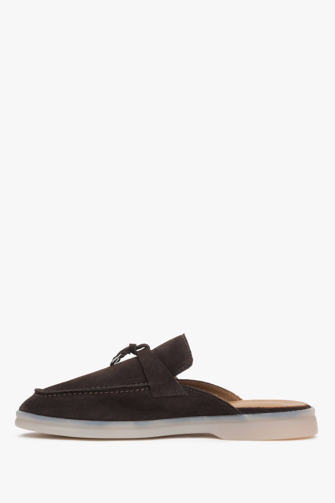 Damskie ciemnobrązowe mule z miękkiego weluru naturalnego Estro.
