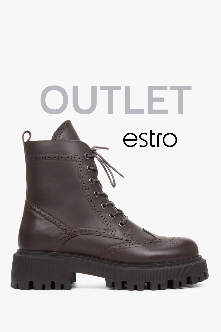 Ciemnobrązowe botki damskie skórzane ze sznurowaniem Estro OUTLET.