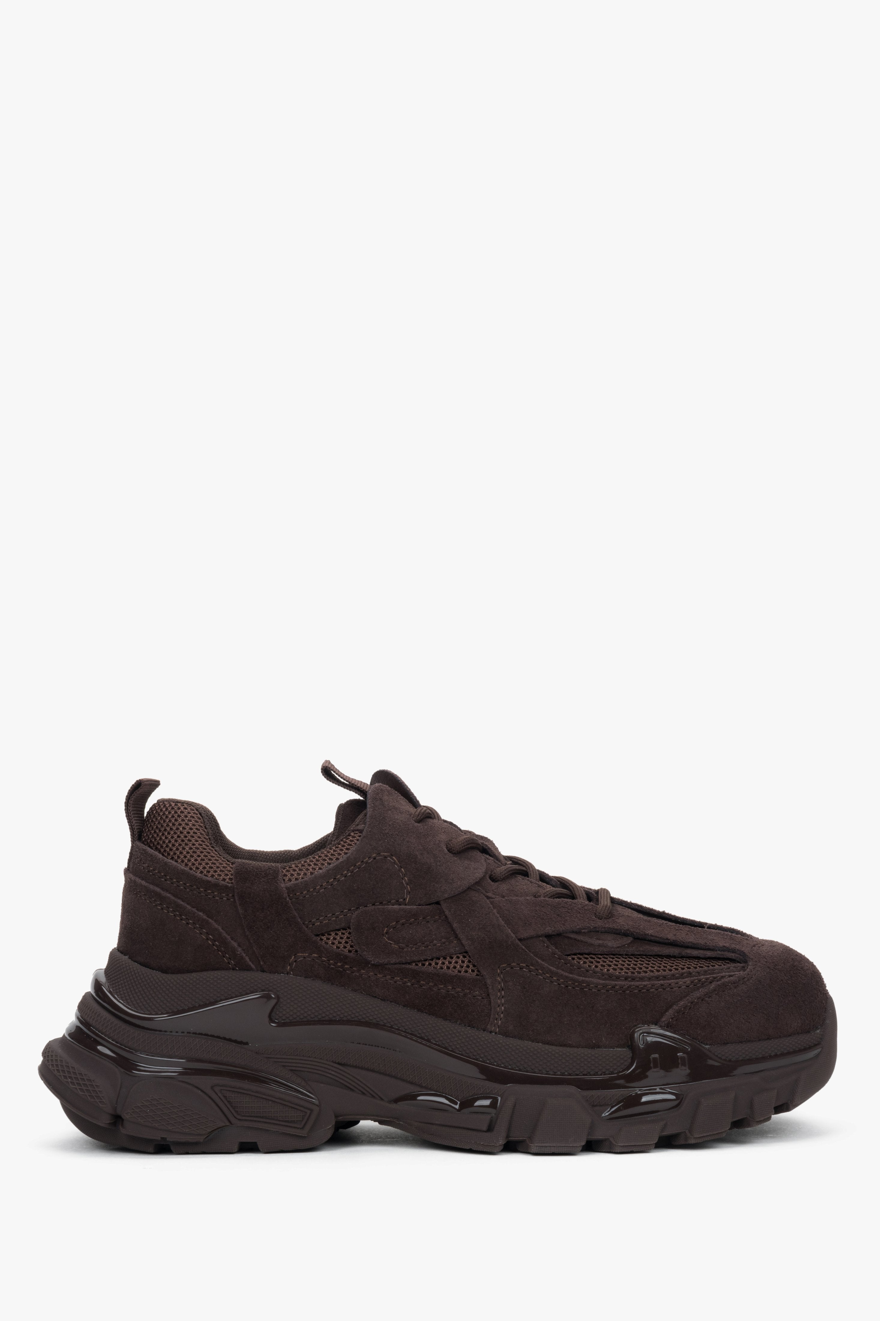 Damskie ciemnobrązowe sneakersy na grubej podeszwie z weluru naturalnego ES8.