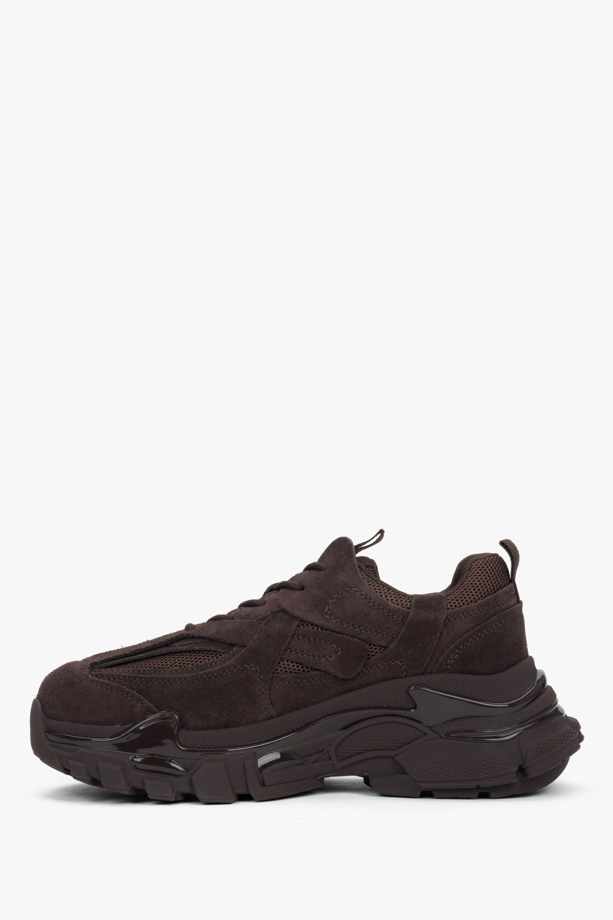 Damskie ciemnobrązowe sneakersy na grubej podeszwie z weluru naturalnego ES8.