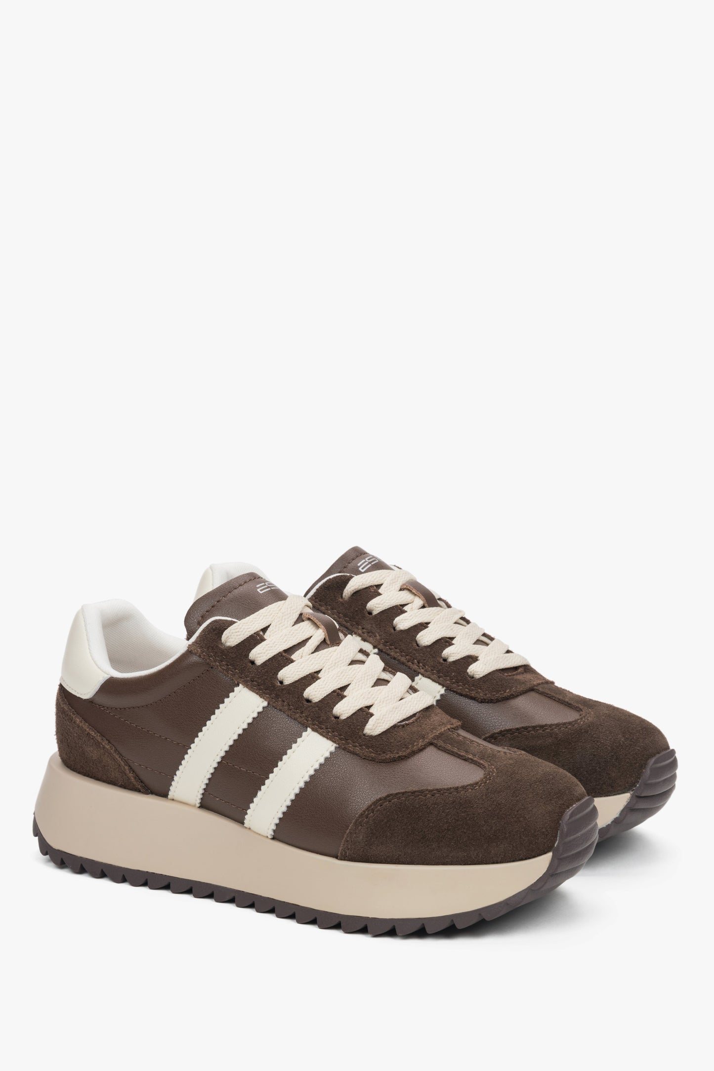 Damskie ciemnobrązowe sneakersy ze skóry naturalnej i weluru ES8 ER00116898.