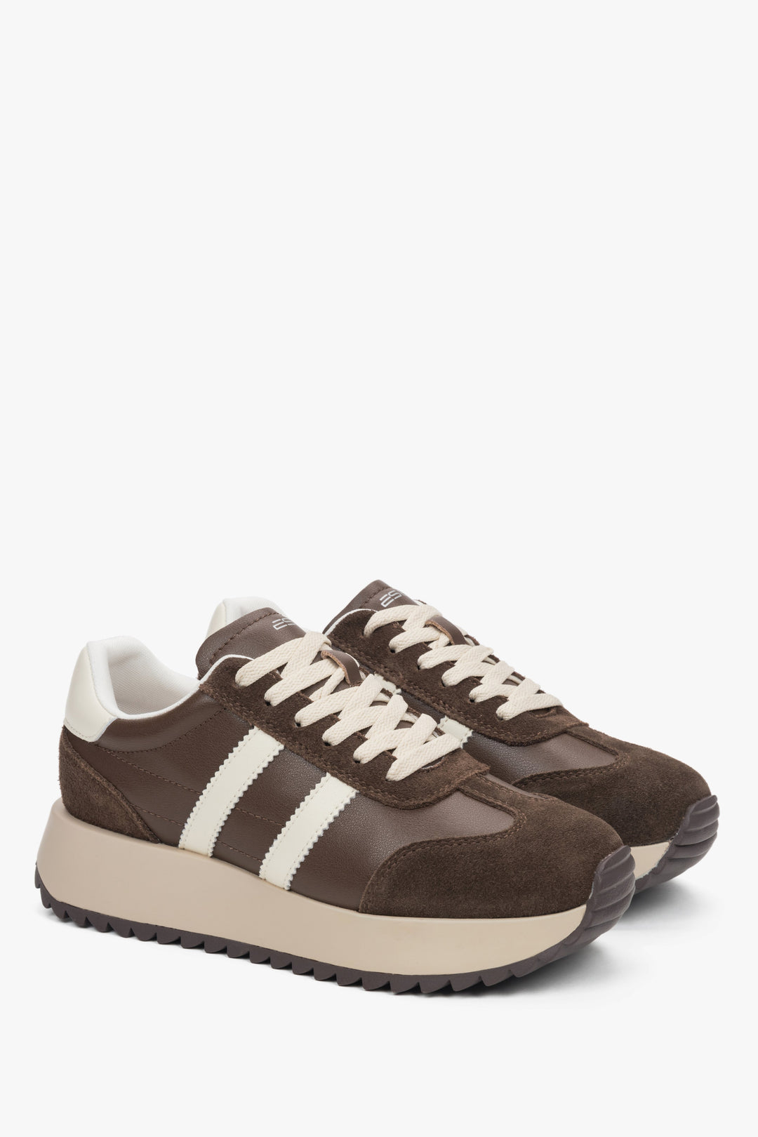 Damskie ciemnobrązowe sneakersy ze skóry naturalnej i weluru ES8 ER00116898.