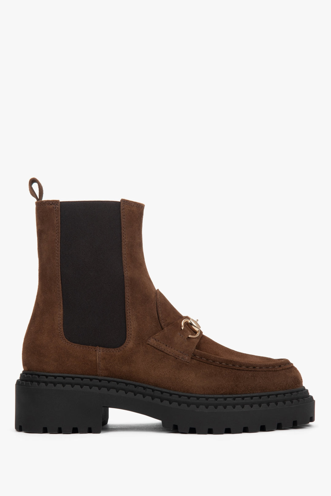 Ciemnobrązowe sztyblety damskie z włoskiego weluru naturalnego Premium ze złotą sprzączką ER00118382.