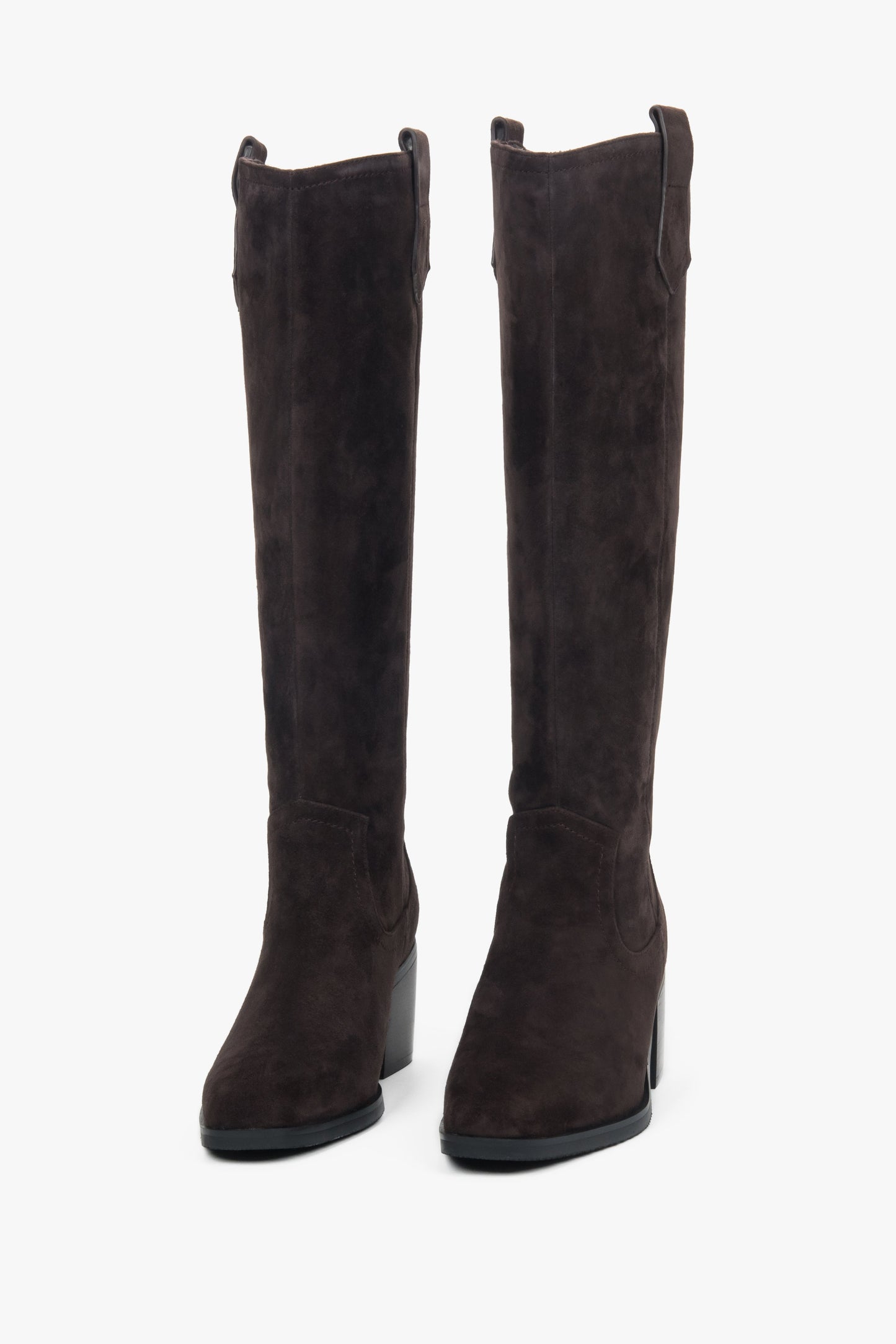 Kowbojki damskie Estro, ciemnobrązowe, wysokie, z weluru naturalnego.