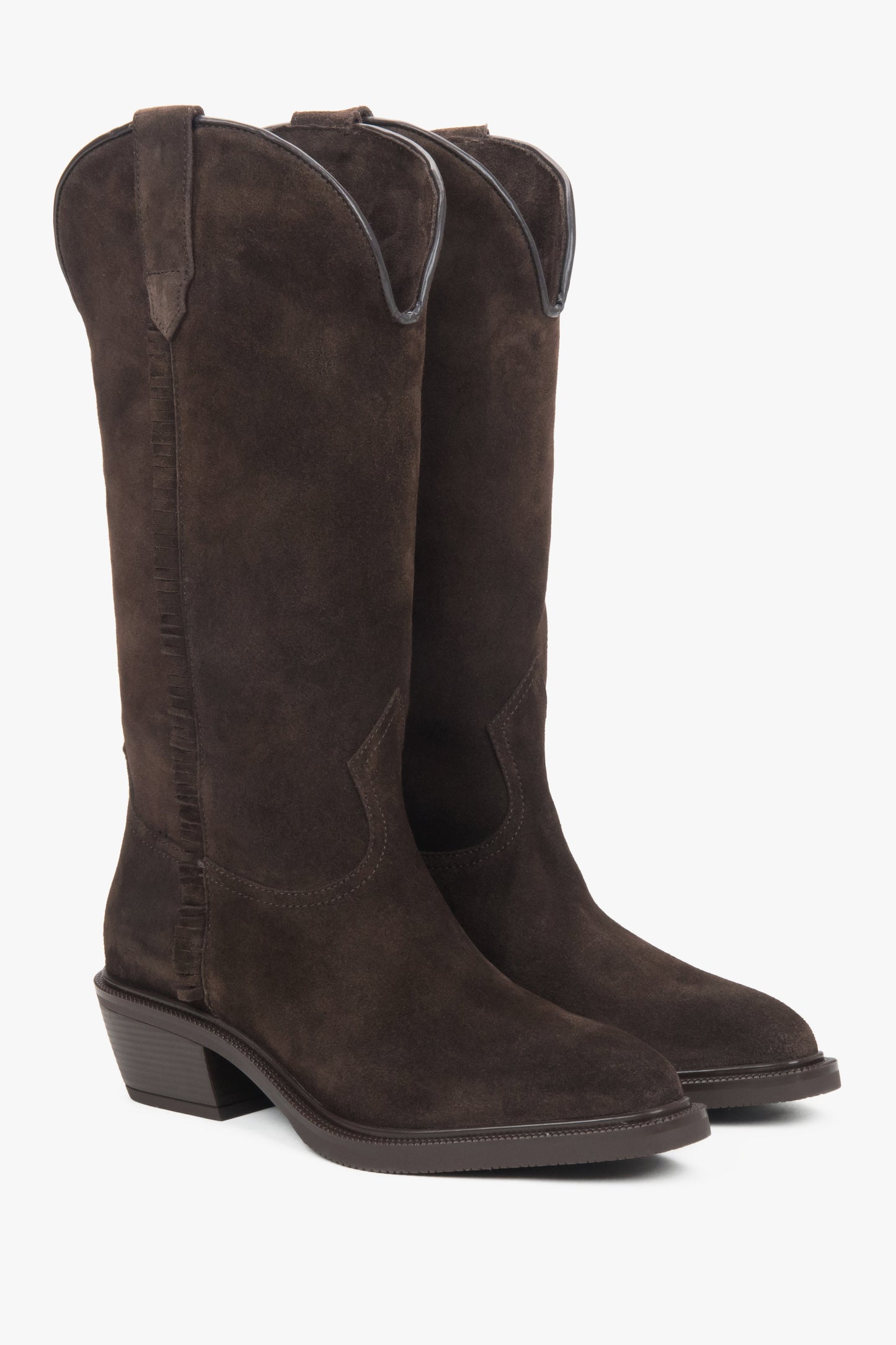 Estro ER00118325 - ciemnobrązowe, wysokie kowbojki damskie z włoskiego weluru naturalnego Premium.