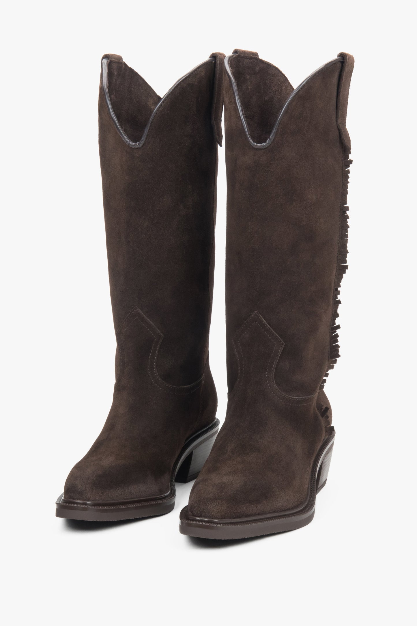 Damskie ciemnobrązowe, wysokie kowbojki z włoskiego weluru naturalnego Premium Estro ER00118325.